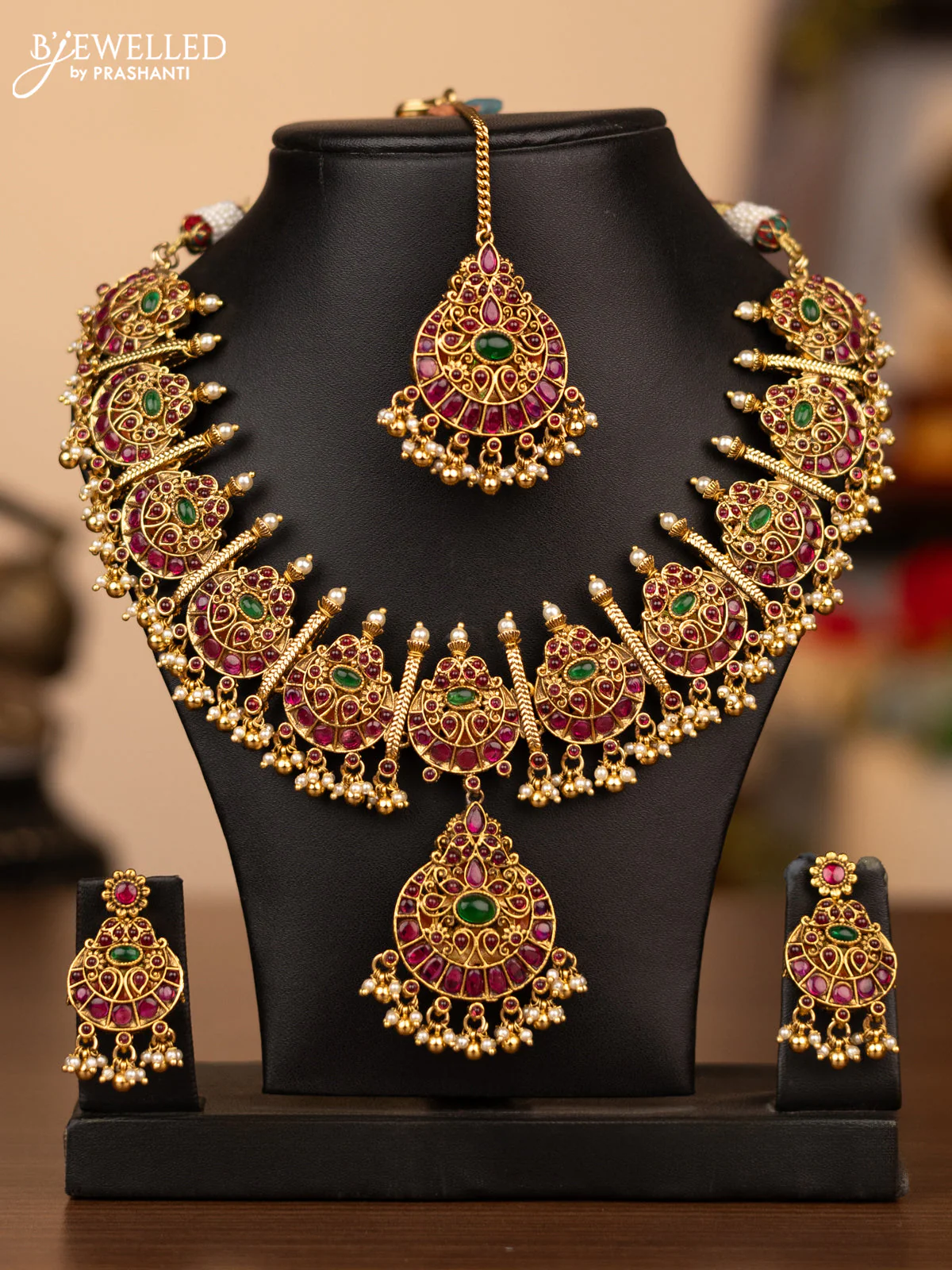 Antique reversible necklace lakshmi & chandbali pendant with kemp stones and pearl & golden beads hanging