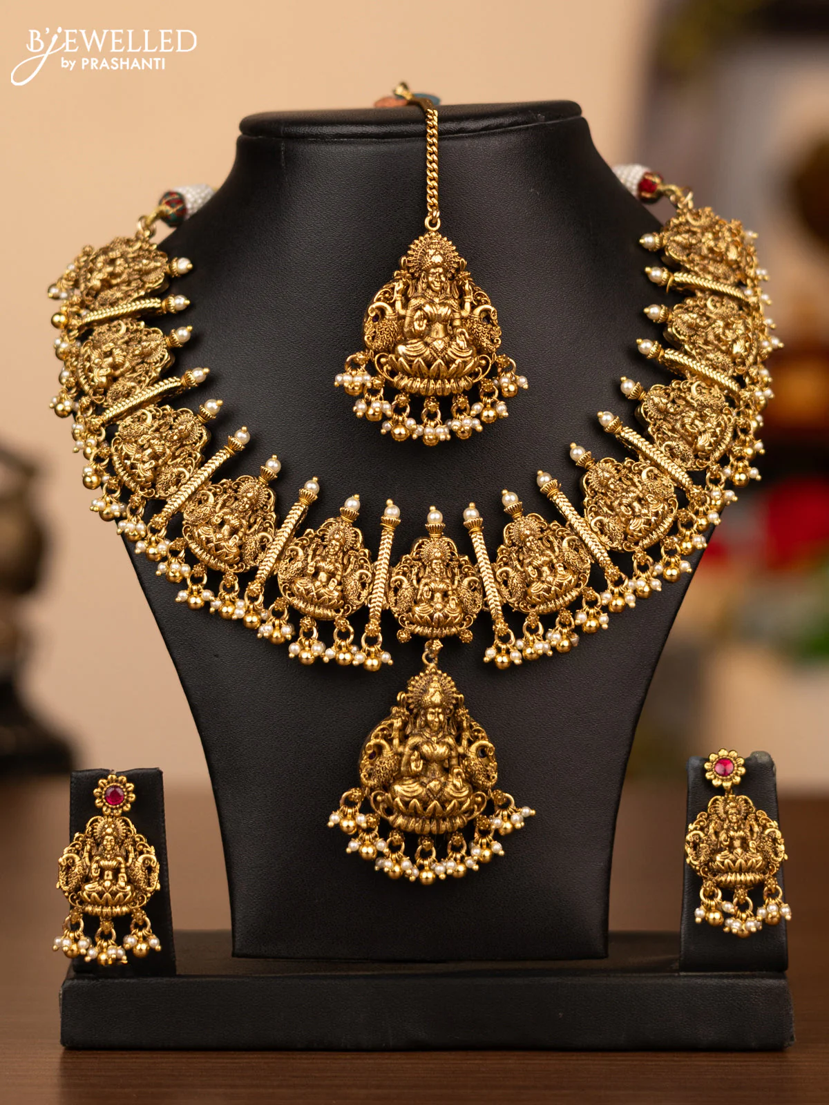 Antique reversible necklace lakshmi & chandbali pendant with kemp stones and pearl & golden beads hanging - Image 2