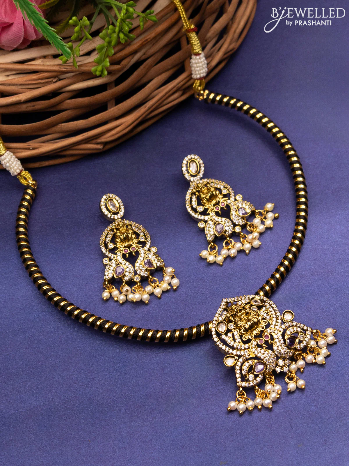 Antique ring type choker lakshmi design with violet & cz stones and pearl hangings