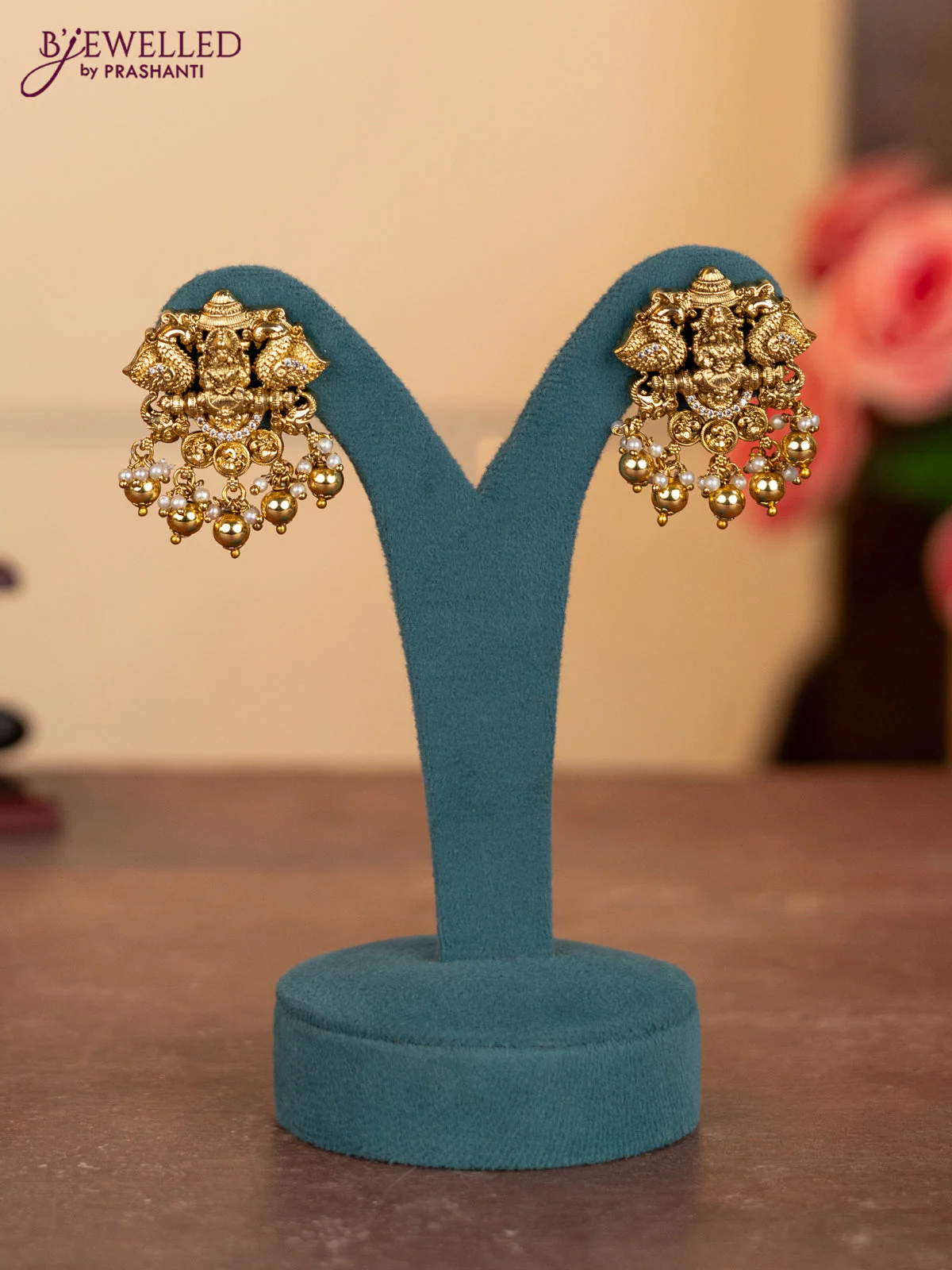 Antique ring type choker lakshmi pendant with ruby & cz stones and pearl & golden beads hangings - Image 2
