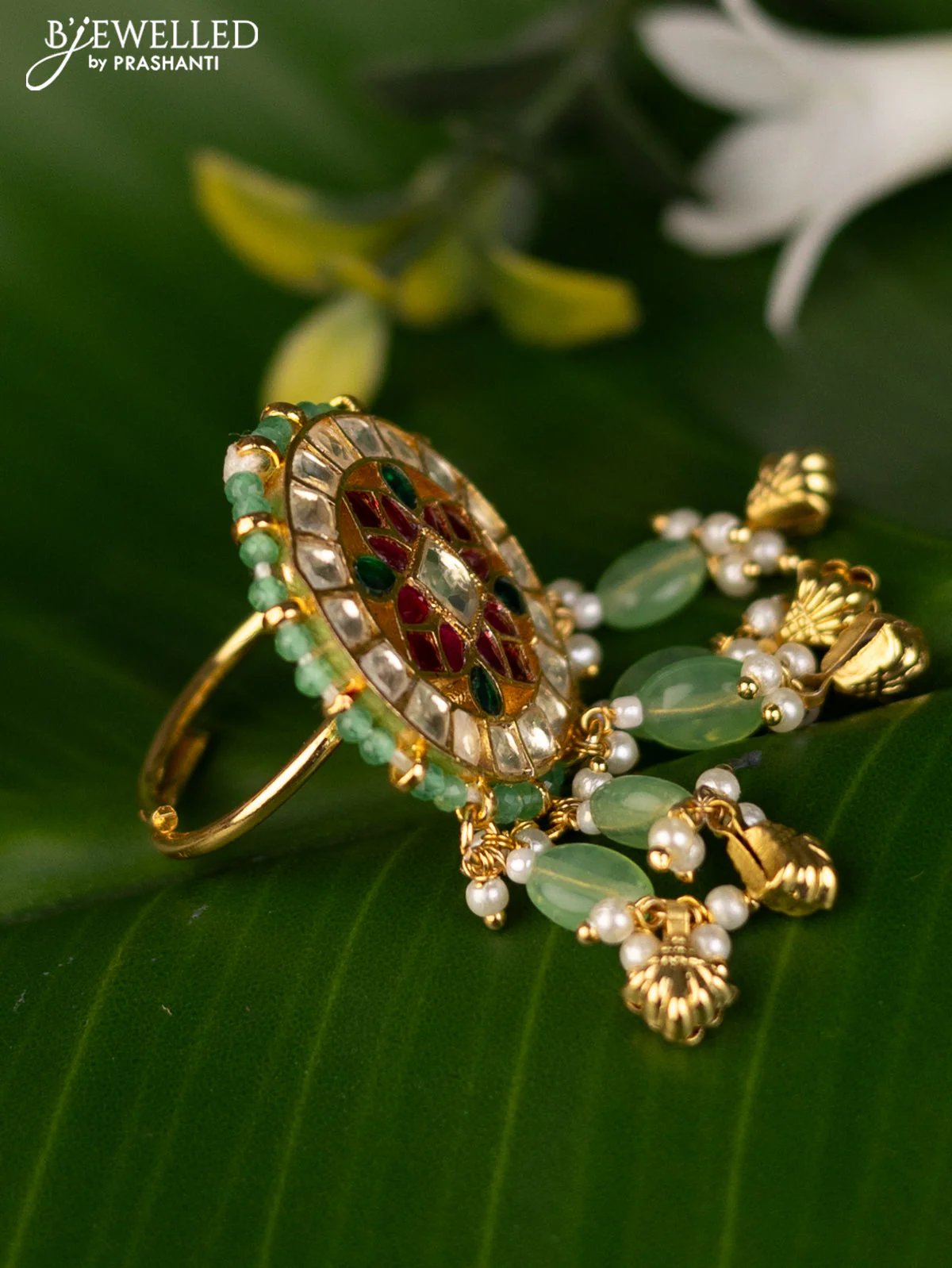 Antique ring with pink pachi kundan stones and beads & pearl hanging - Image 2