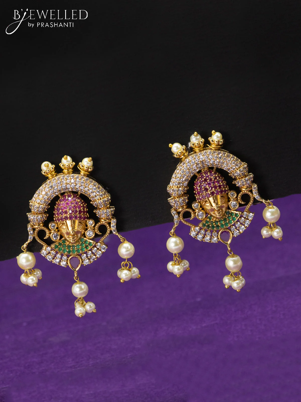 Antique triple layer haaram kemp & cz stones with tirupati balaji pendant and pearl hangings - Image 2