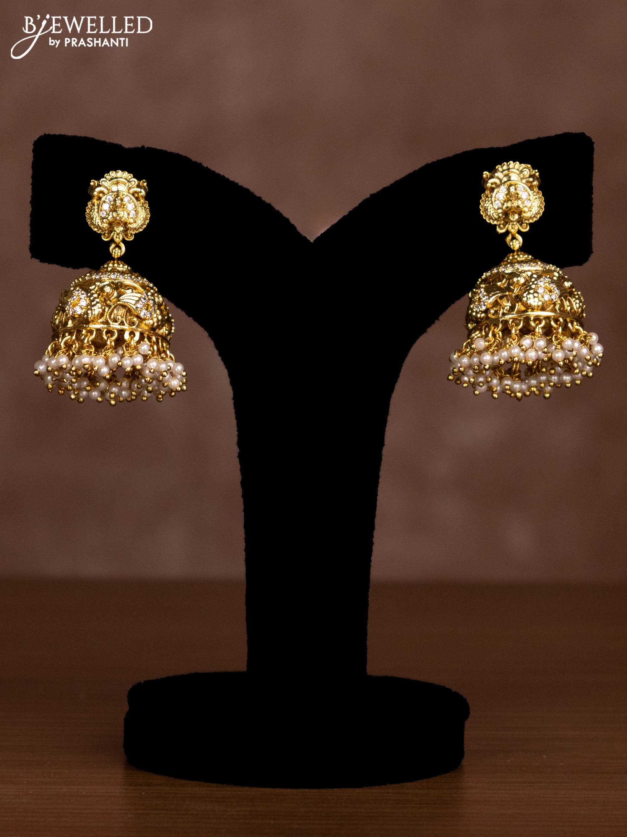Antique triple layer necklace lakshmi design with jadau stones and golden beads hanging - Image 2