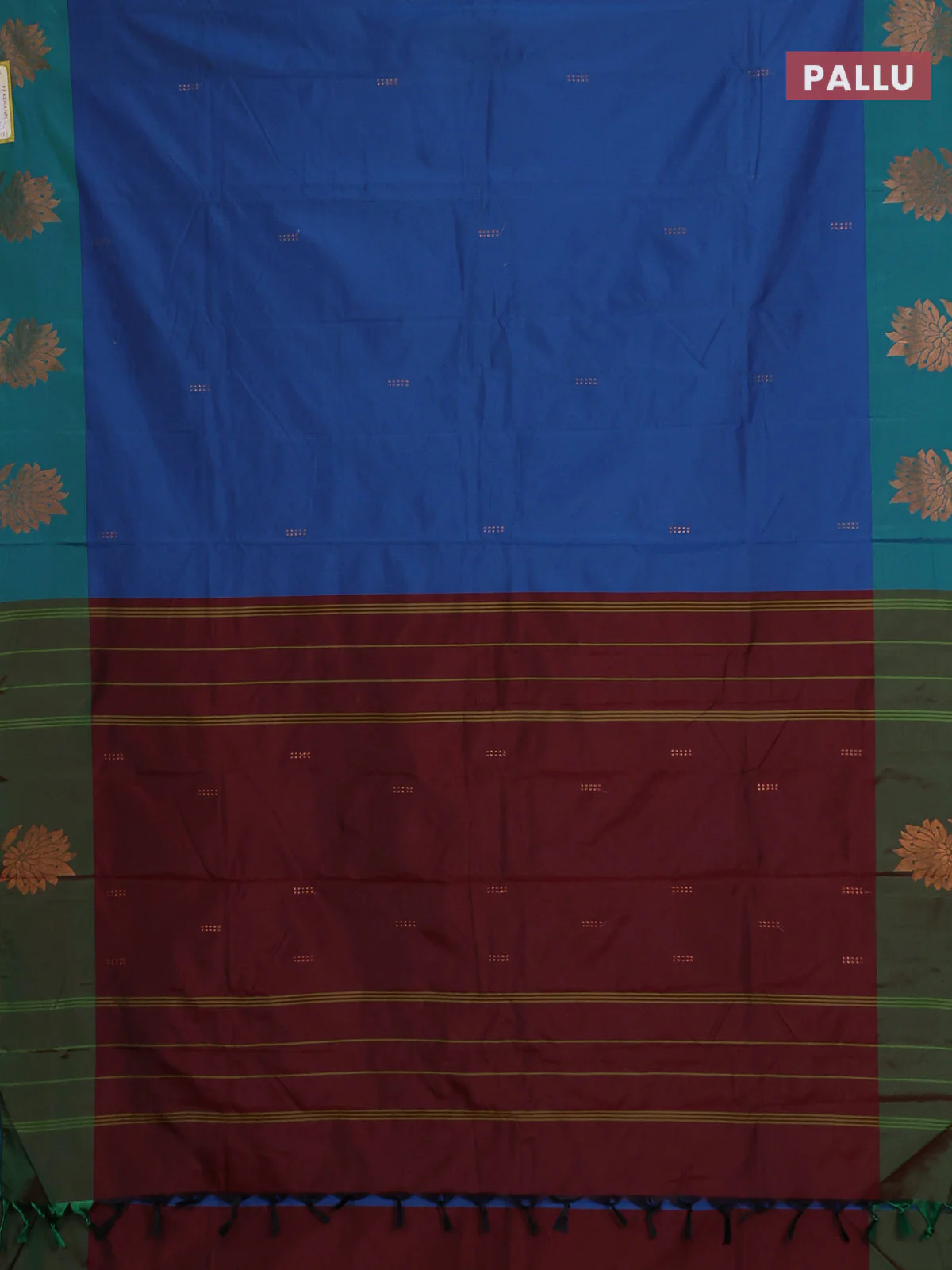 Arani semi silk saree blue and dual shade of green with copper zari woven buttas and copper zari woven butta border - Image 3