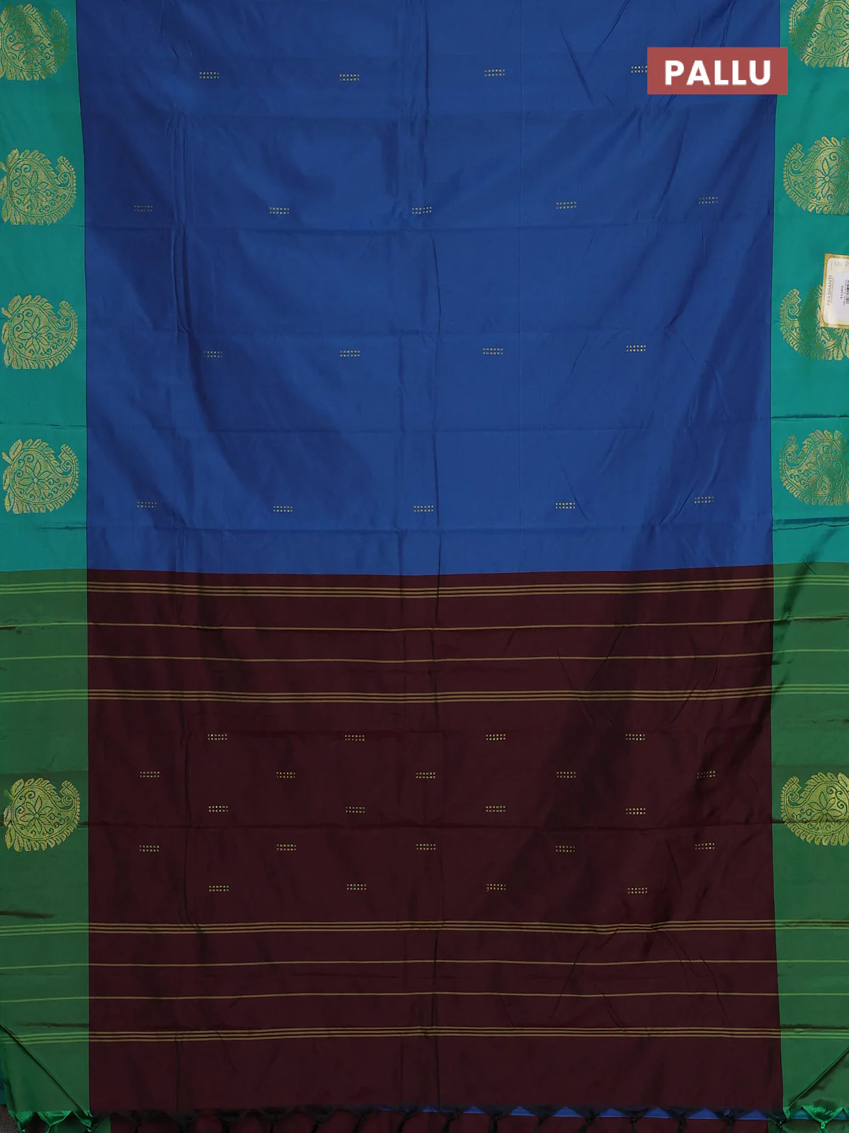 Arani semi silk saree blue and teal green with zari woven buttas and paisley zari woven butta border - Image 3