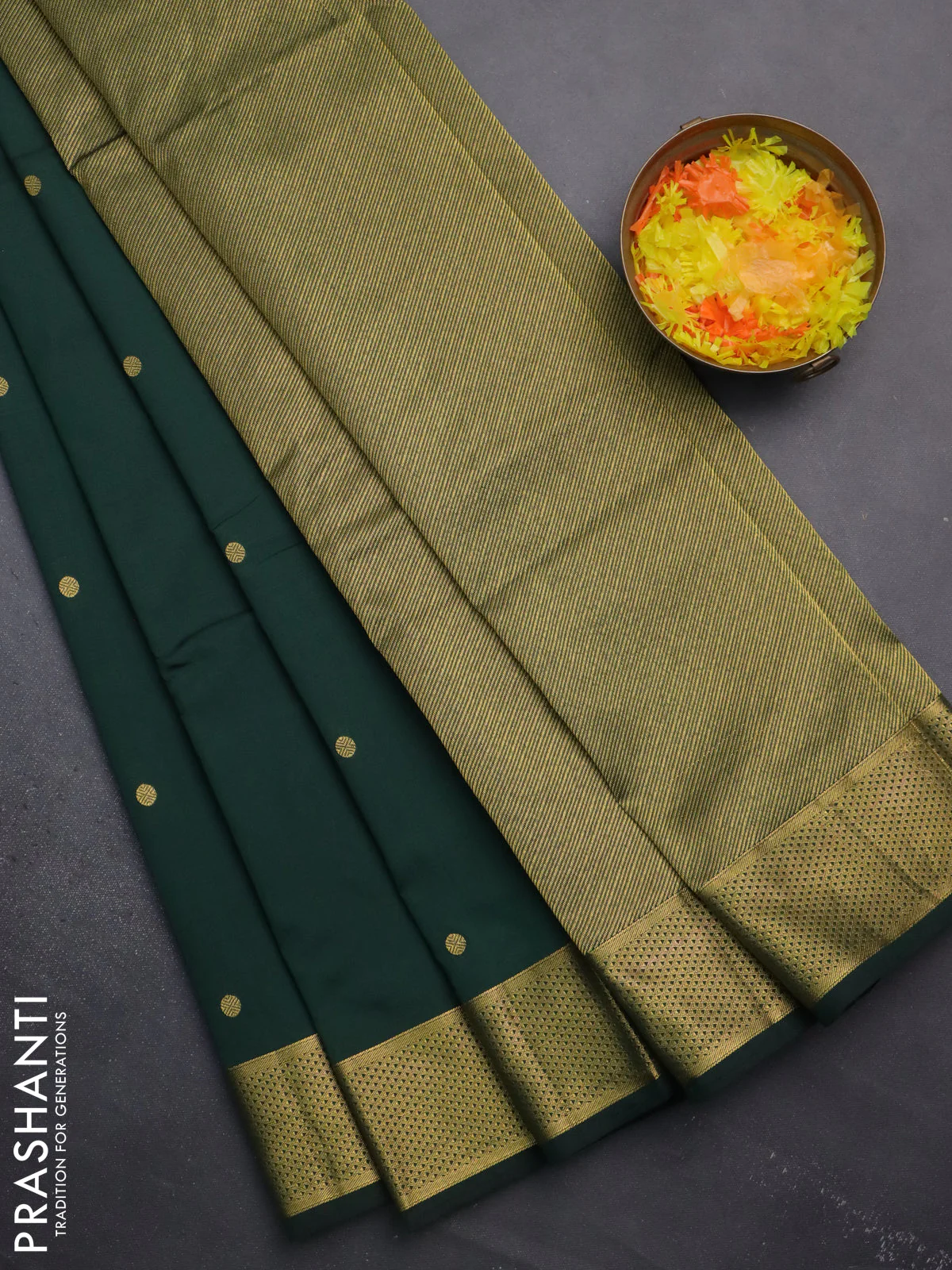 Arani semi silk saree bottle green with zari woven buttas and zari woven border