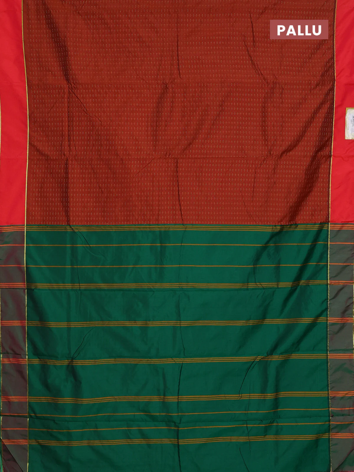 Arani semi silk saree brown shade and green with allover thread weaves and rettapet zari woven border` - Image 3
