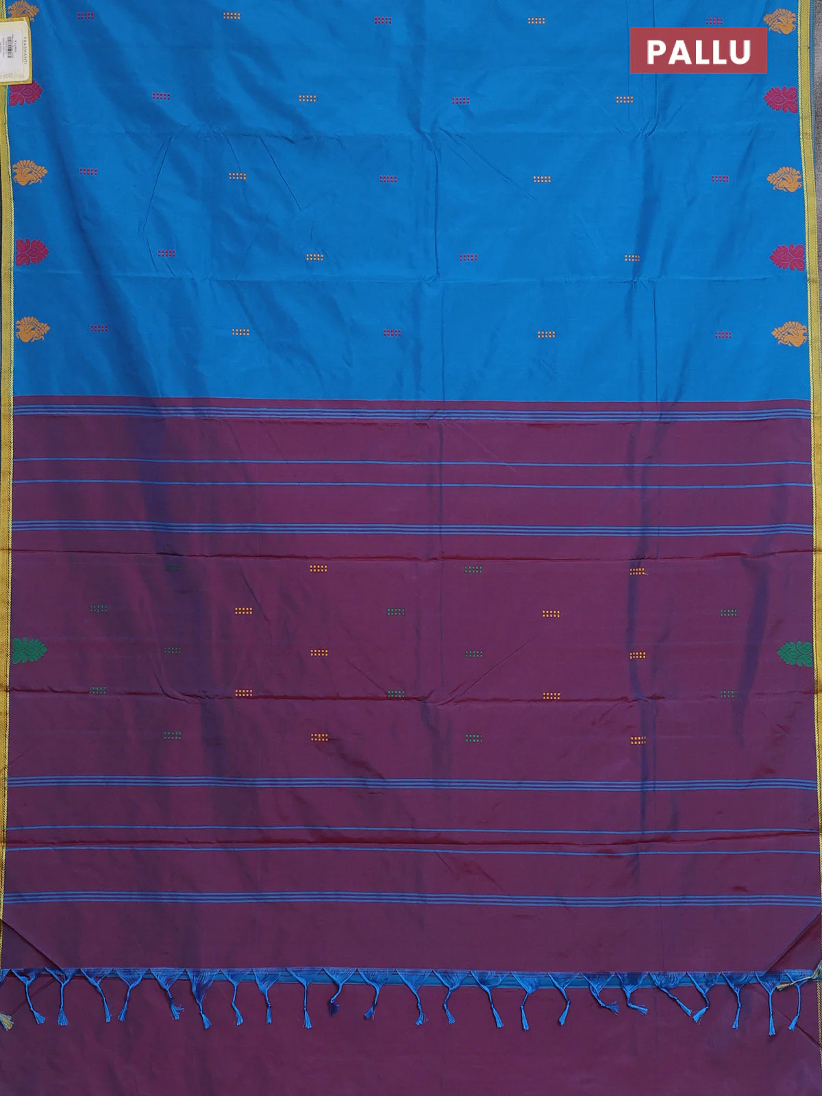 Arani semi silk saree cs blue and dual shade of maroon with thread woven buttas and thread woven butta border - Image 3