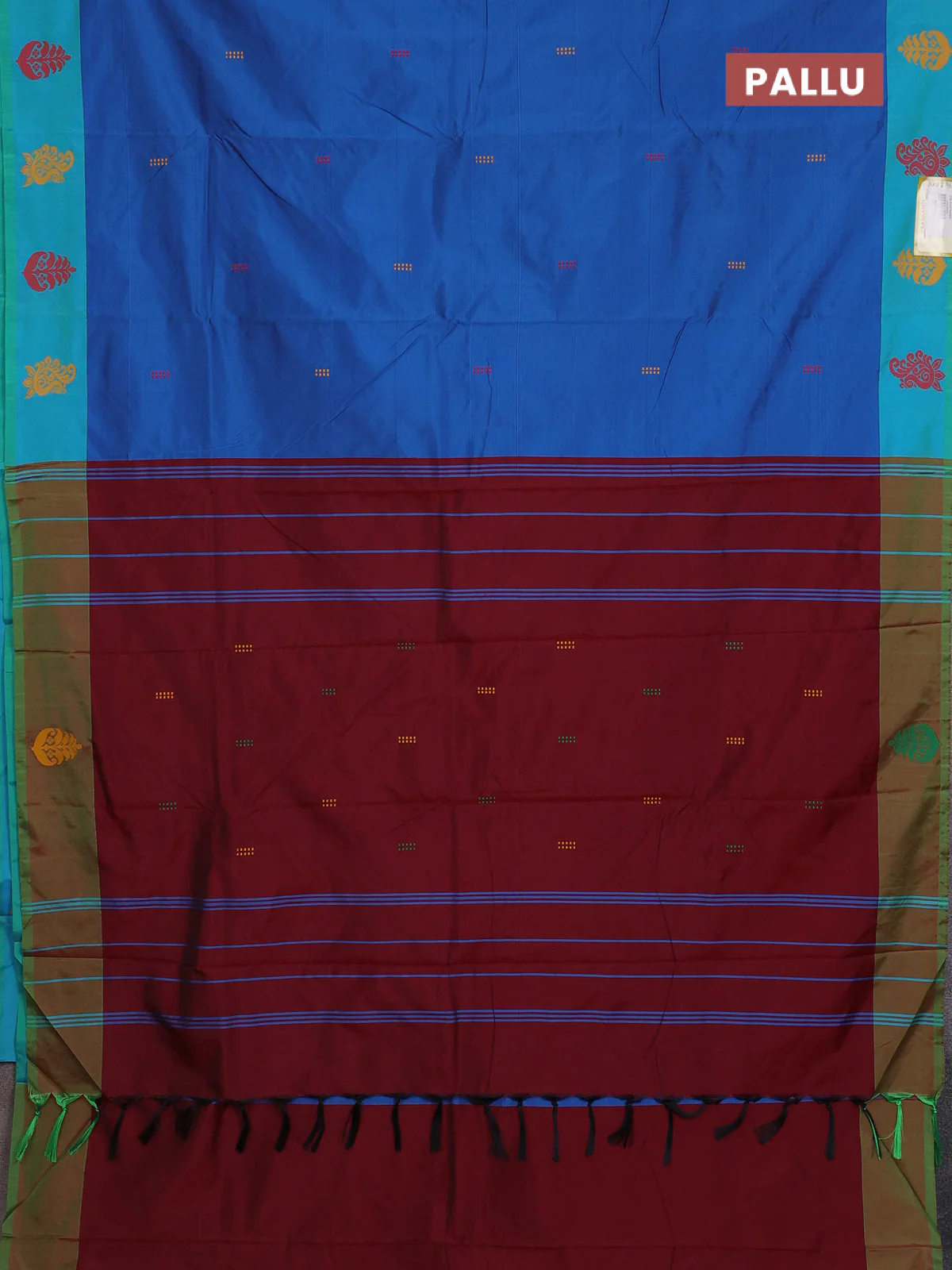 Arani semi silk saree cs blue and maroon with thread woven buttas and thread woven butta border - Image 3
