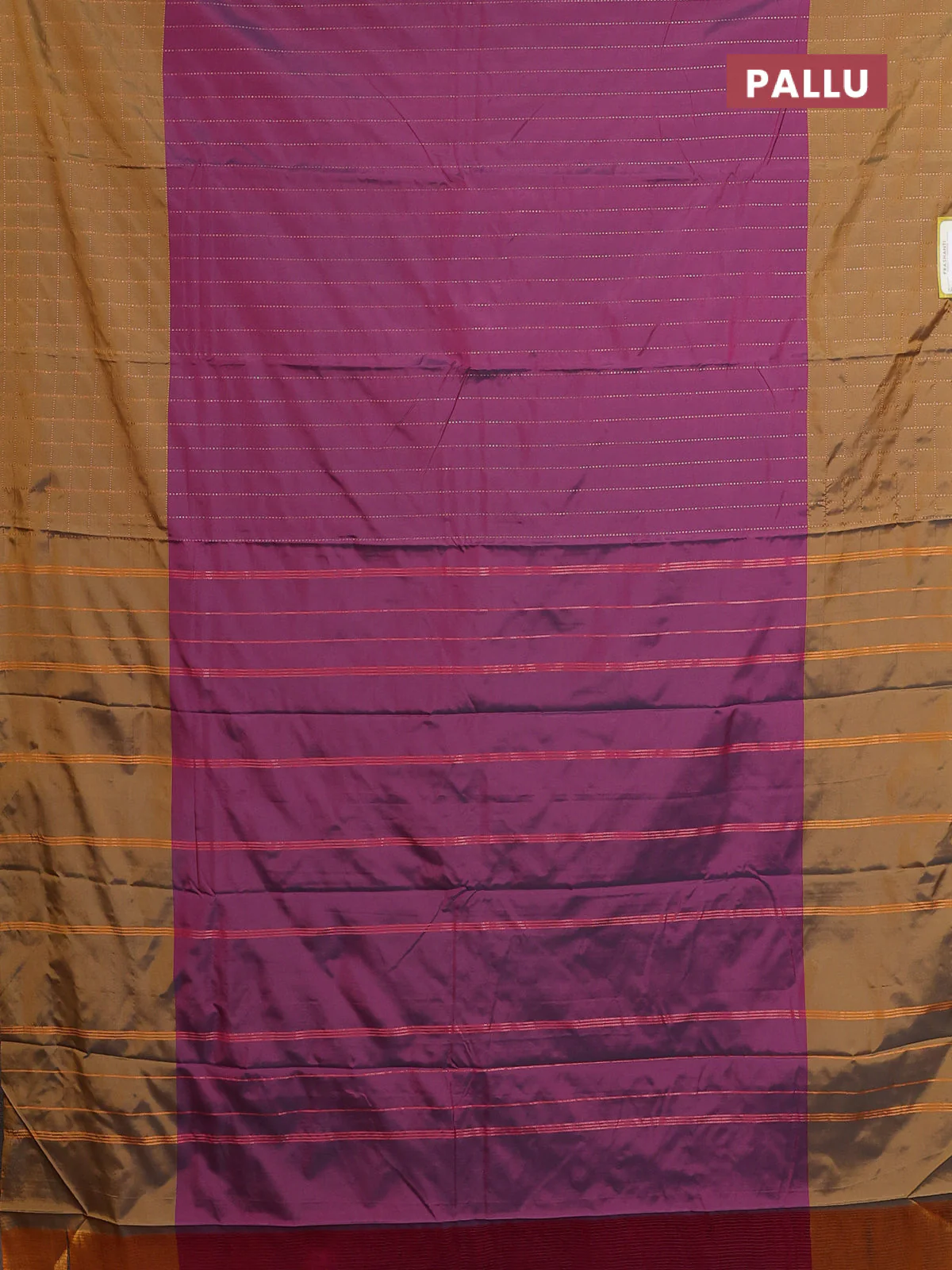 Arani semi silk saree dark purple and dark mustard with allover copper zari weaves and zari checked border - Image 3