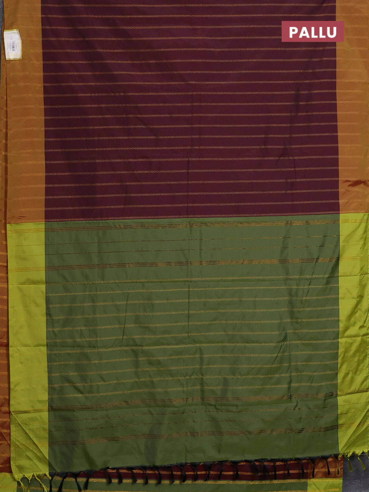 Arani semi silk saree deep maroon and light green with allover zari weaves and zari woven border - Image 3