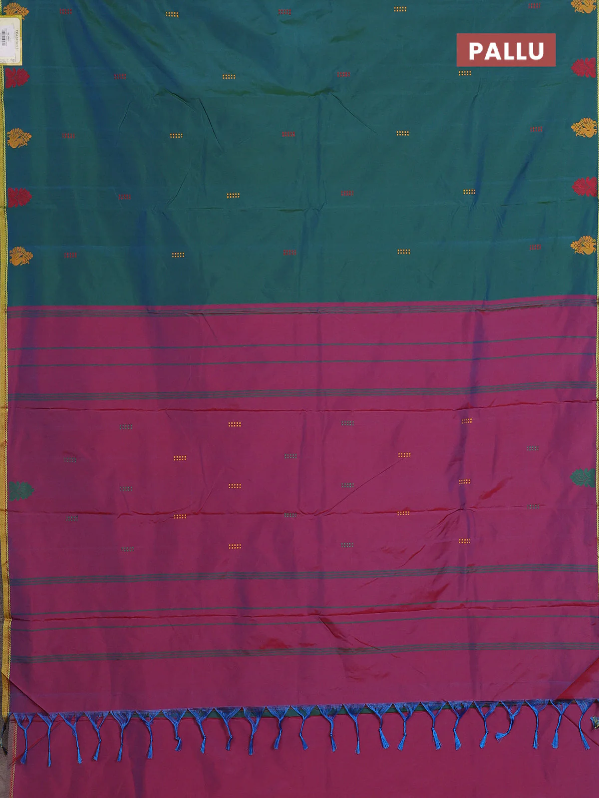 Arani semi silk saree dual shade of bluish green and dual shade of bluish red with thread woven buttas and thread woven border - Image 3
