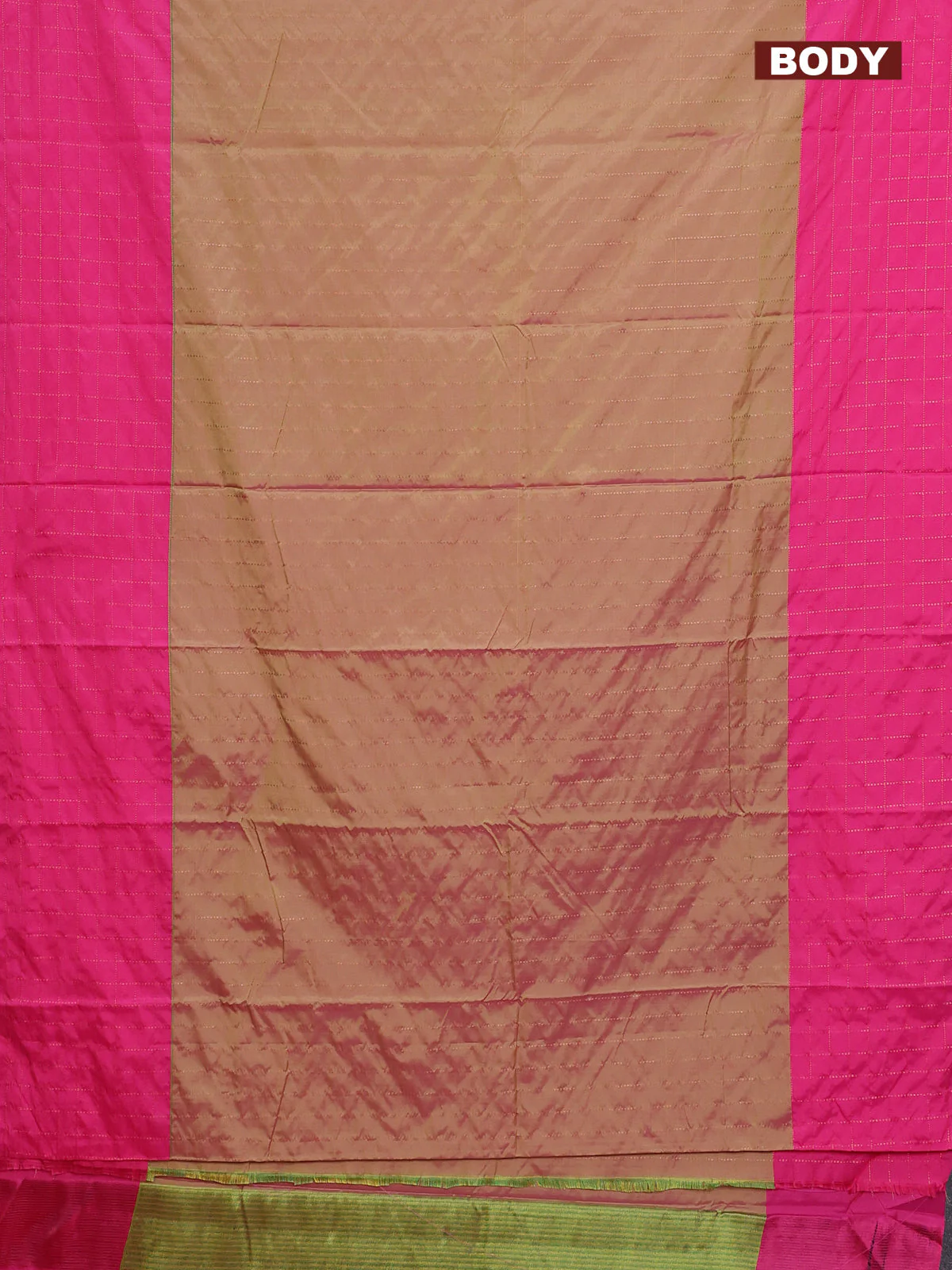Arani semi silk saree dual shade of green and pink with allover copper zari weaves and zari checked border - Image 2