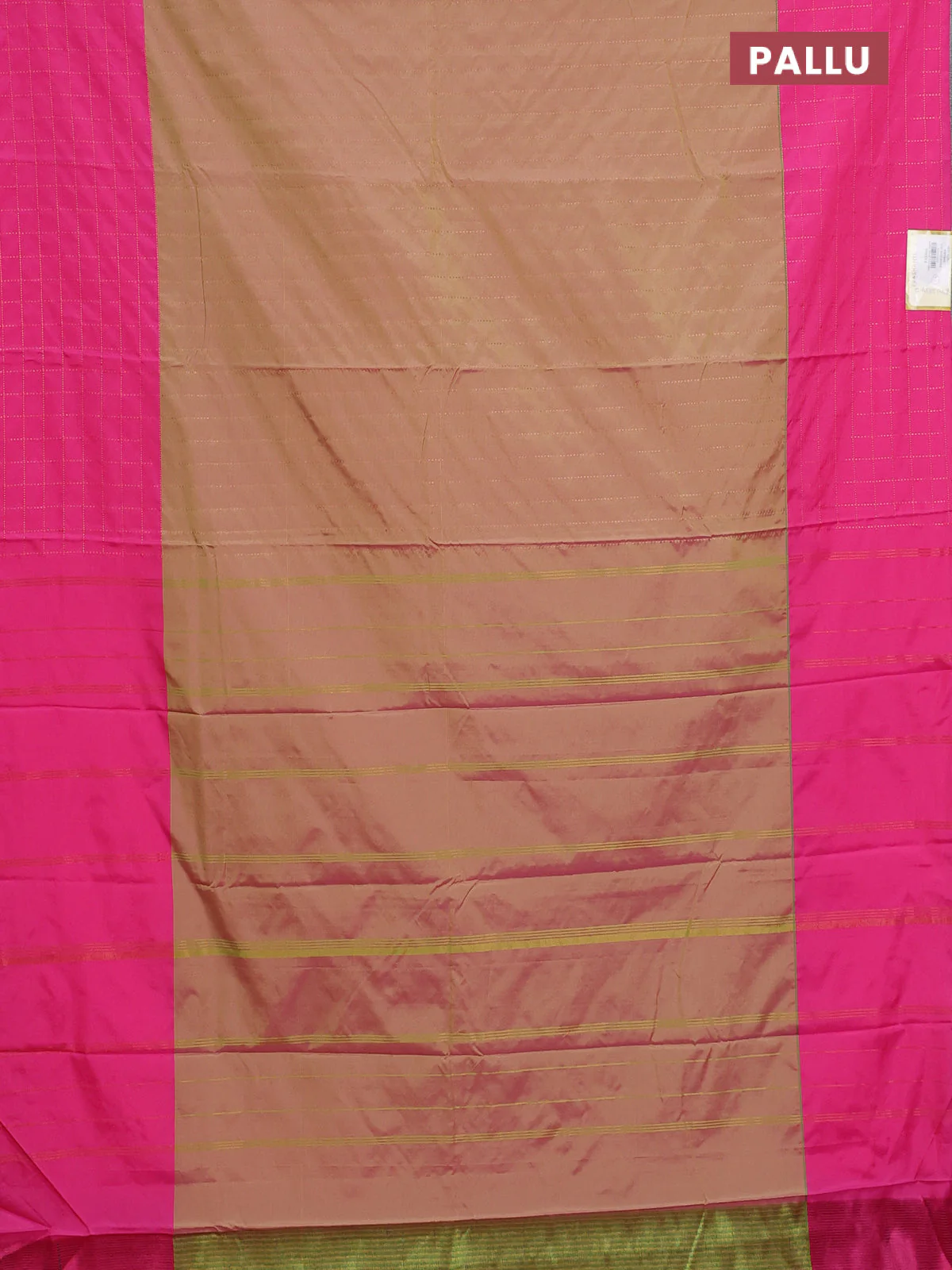 Arani semi silk saree dual shade of green and pink with allover copper zari weaves and zari checked border - Image 3