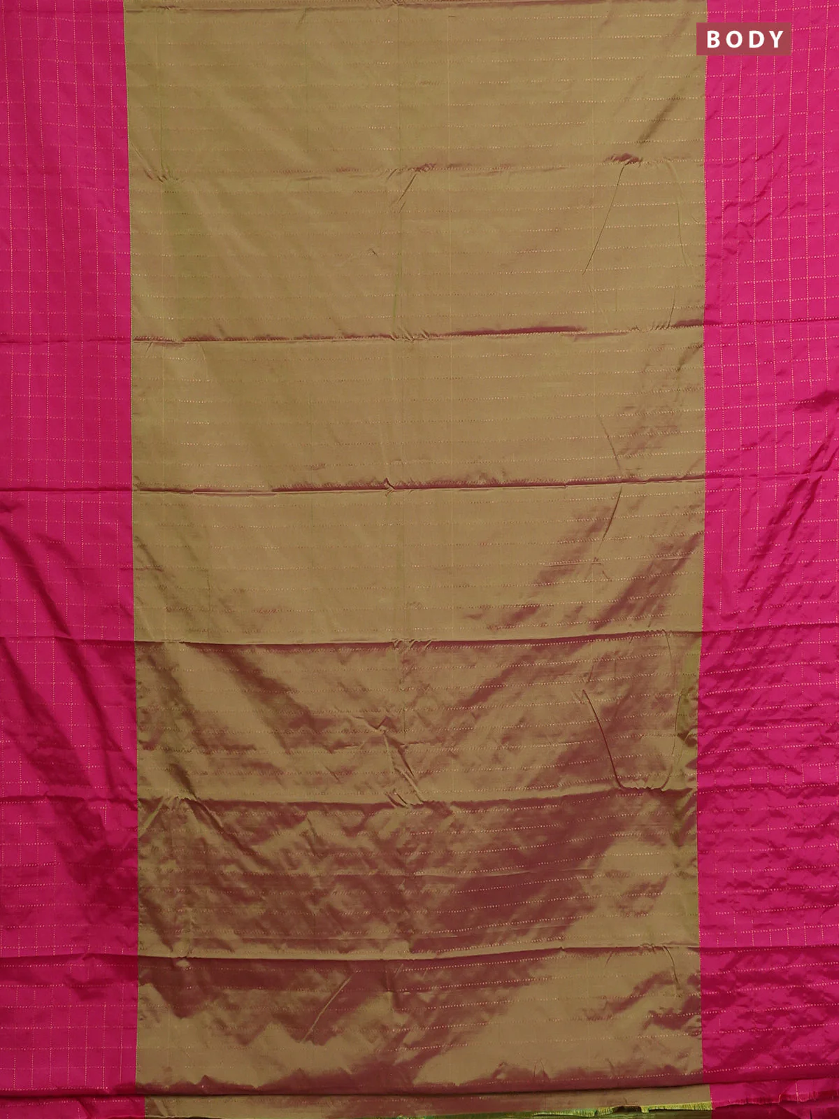 Arani semi silk saree dual shade of green and pink with allover copper zari weaves and zari checked border - Image 2