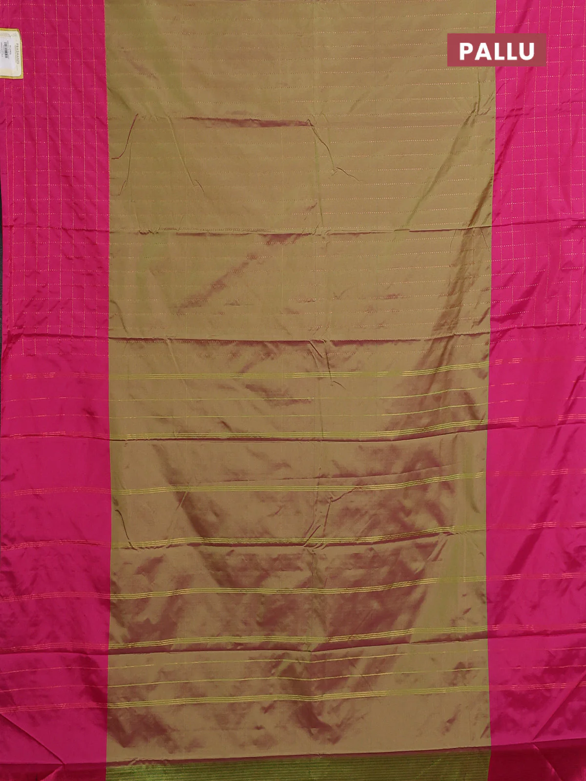 Arani semi silk saree dual shade of green and pink with allover copper zari weaves and zari checked border - Image 3