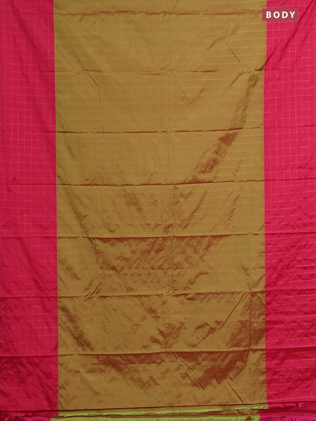 Arani semi silk saree dual shade of green and pink with allover copper zari weaves and zari checked border - Image 2