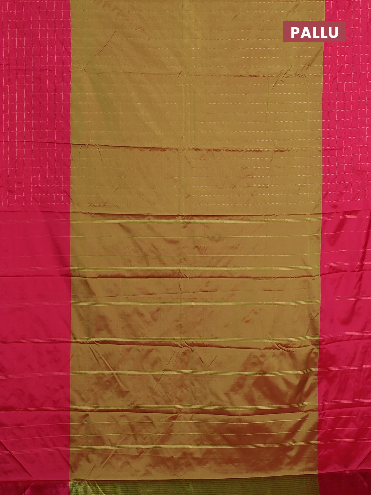 Arani semi silk saree dual shade of green and pink with allover copper zari weaves and zari checked border - Image 3