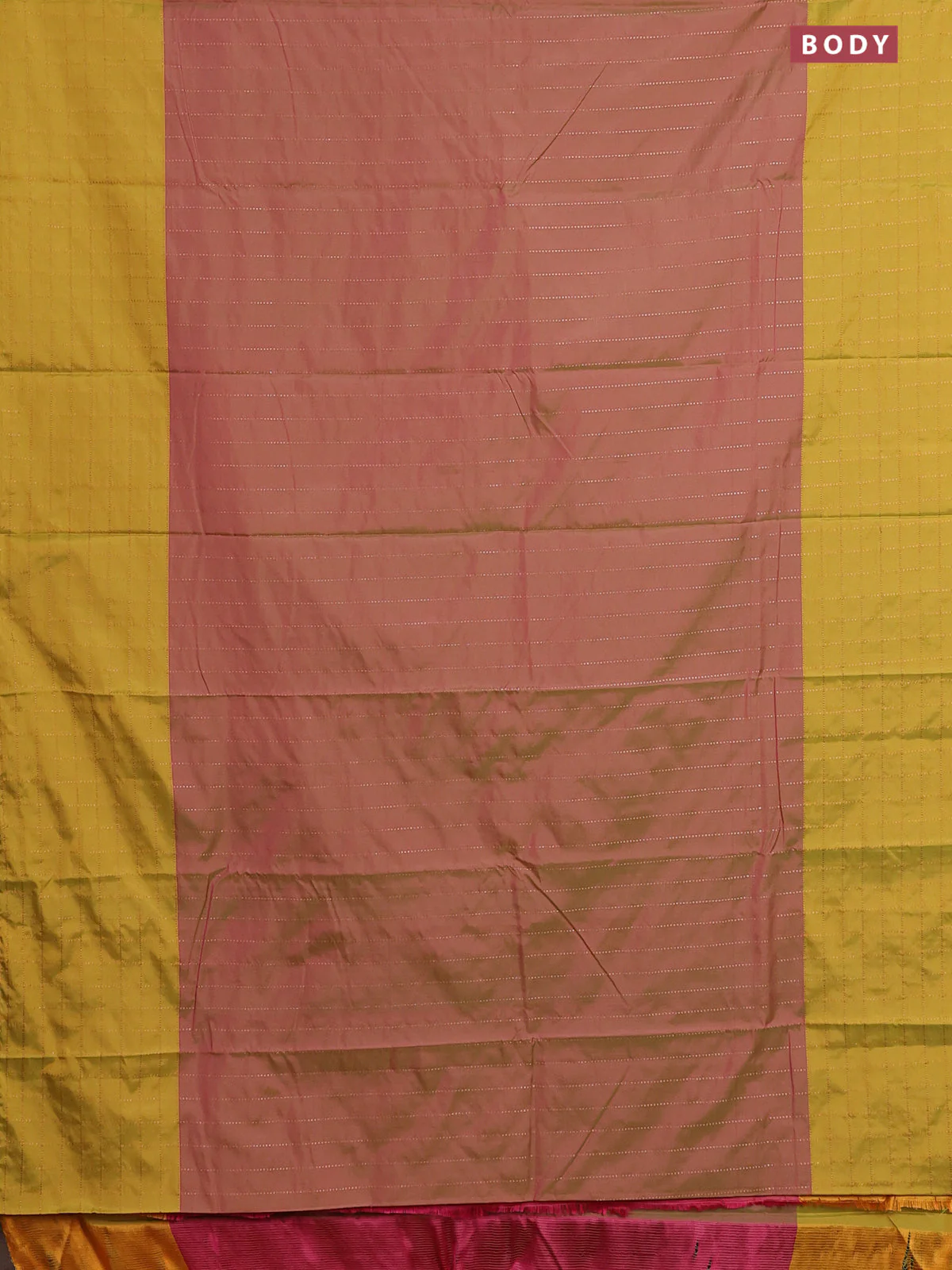 Arani semi silk saree dual shade of greenish pink and lime green with allover copper zari weaves and zari checked border - Image 2