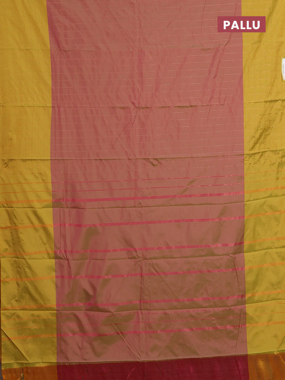 Arani semi silk saree dual shade of greenish pink and lime green with allover copper zari weaves and zari checked border - Image 3