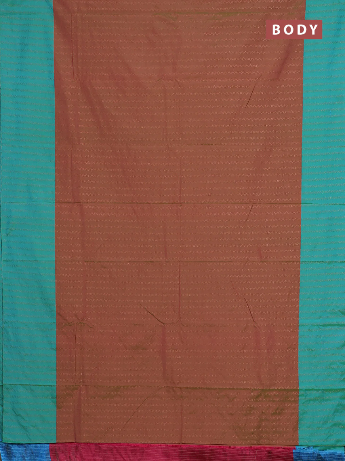Arani semi silk saree dual shade of greenish pink and teal blue with allover copper zari weaves and copper zari woven border - Image 2