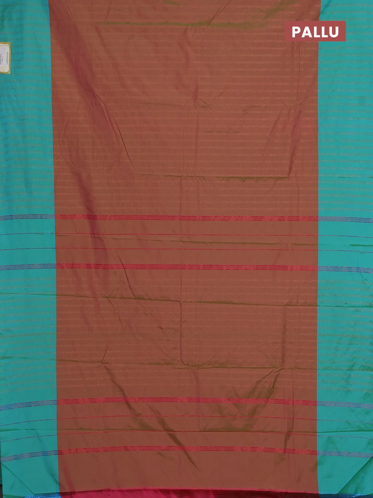 Arani semi silk saree dual shade of greenish pink and teal blue with allover copper zari weaves and copper zari woven border - Image 3