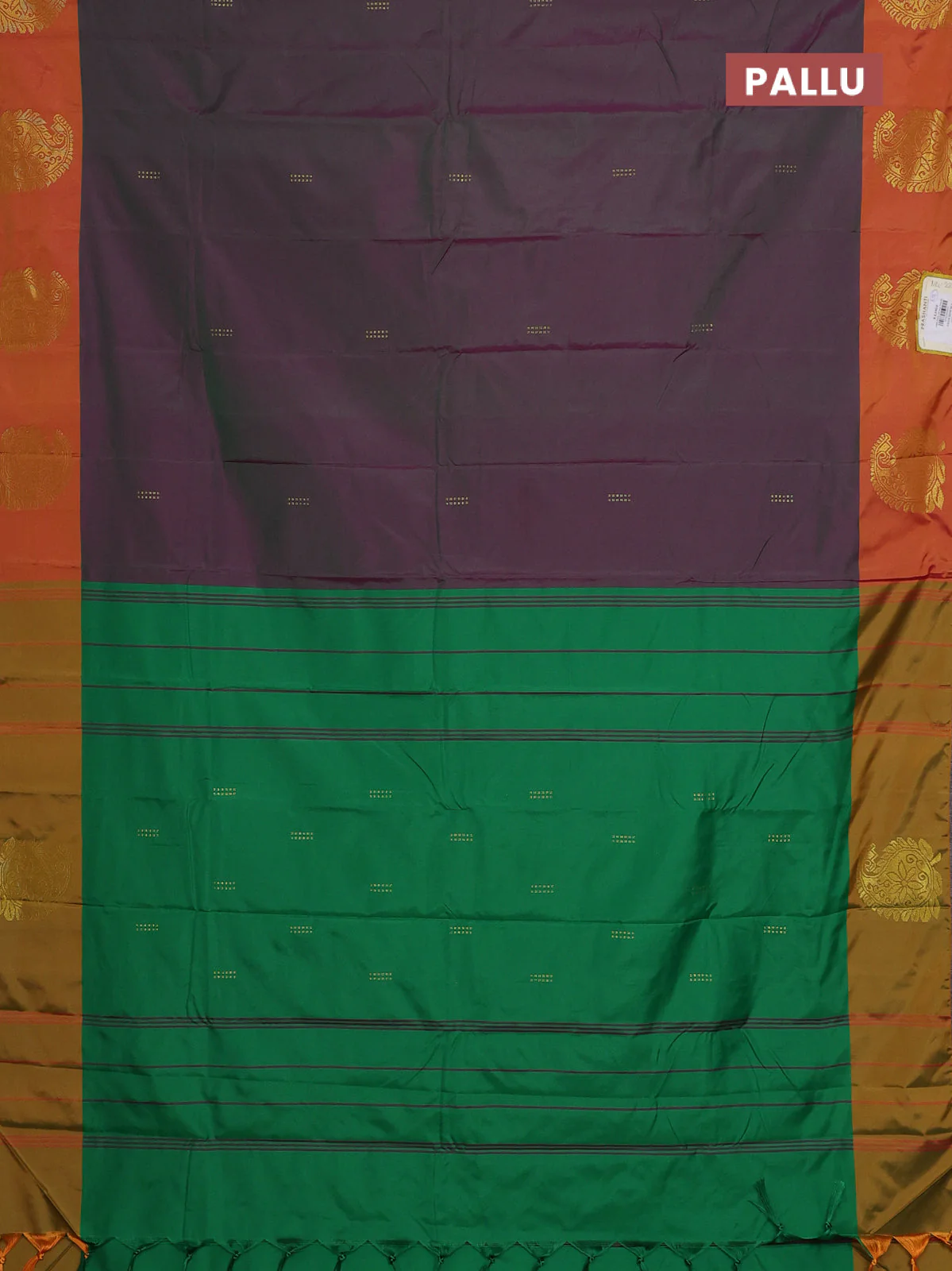Arani semi silk saree dual shade of greenish purple and sunset orange with zari woven buttas and paisley zari woven butta border - Image 3