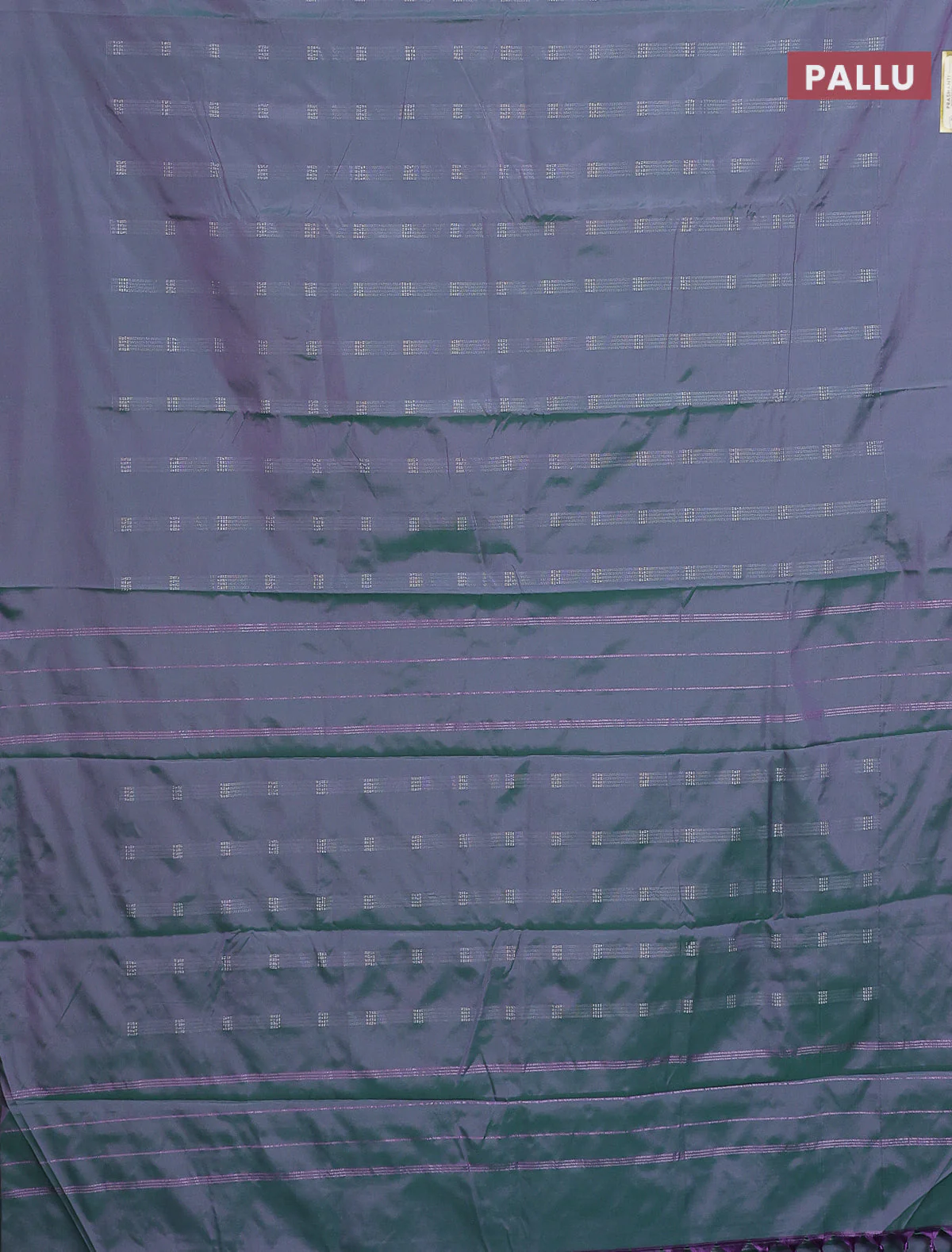 Arani semi silk saree dual shade of greenish purple with silver zari woven buttas in borderless style - Image 3