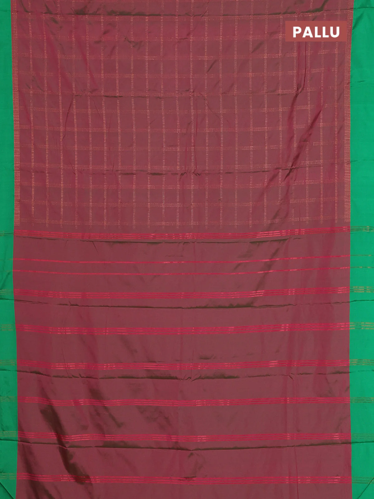 Arani semi silk saree dual shade of maroon and green with allover copper zari checked pattern and copper zari woven simple border - Image 3