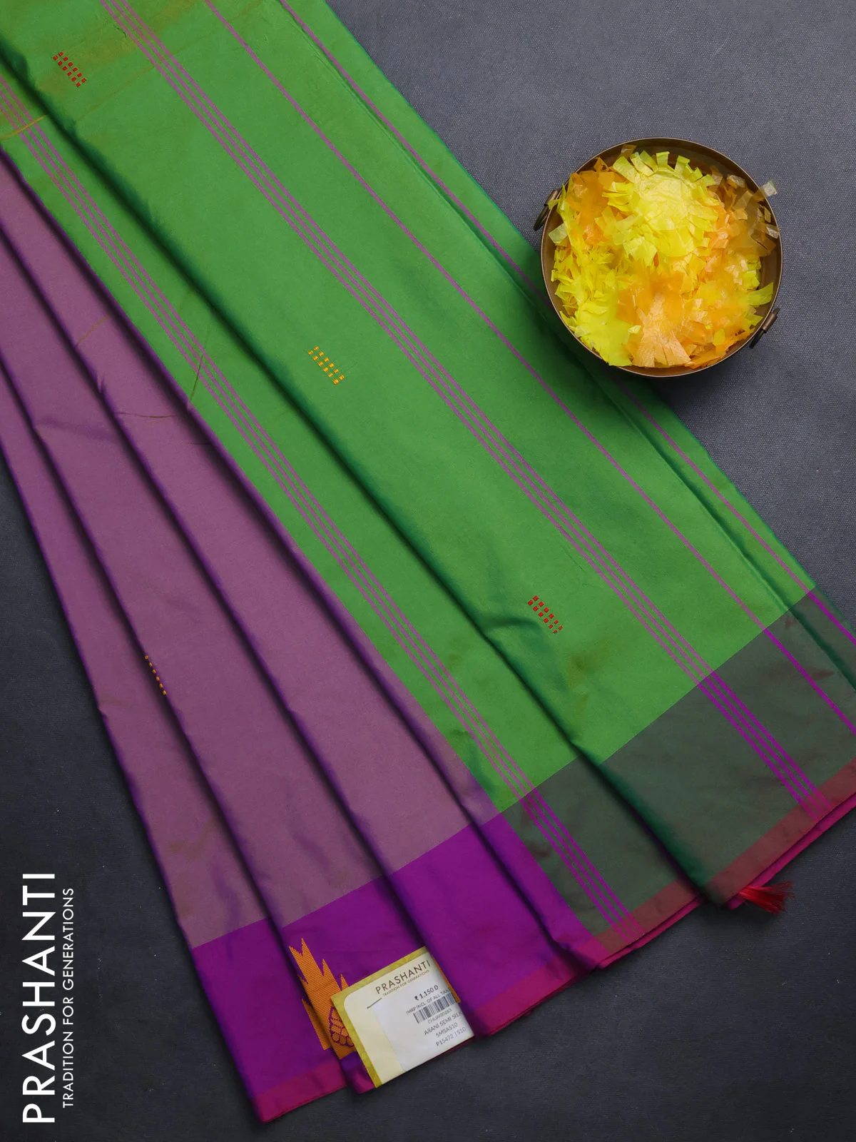 Arani semi silk saree dual shade of mild purple and green with thread woven buttas and thread woven butta border