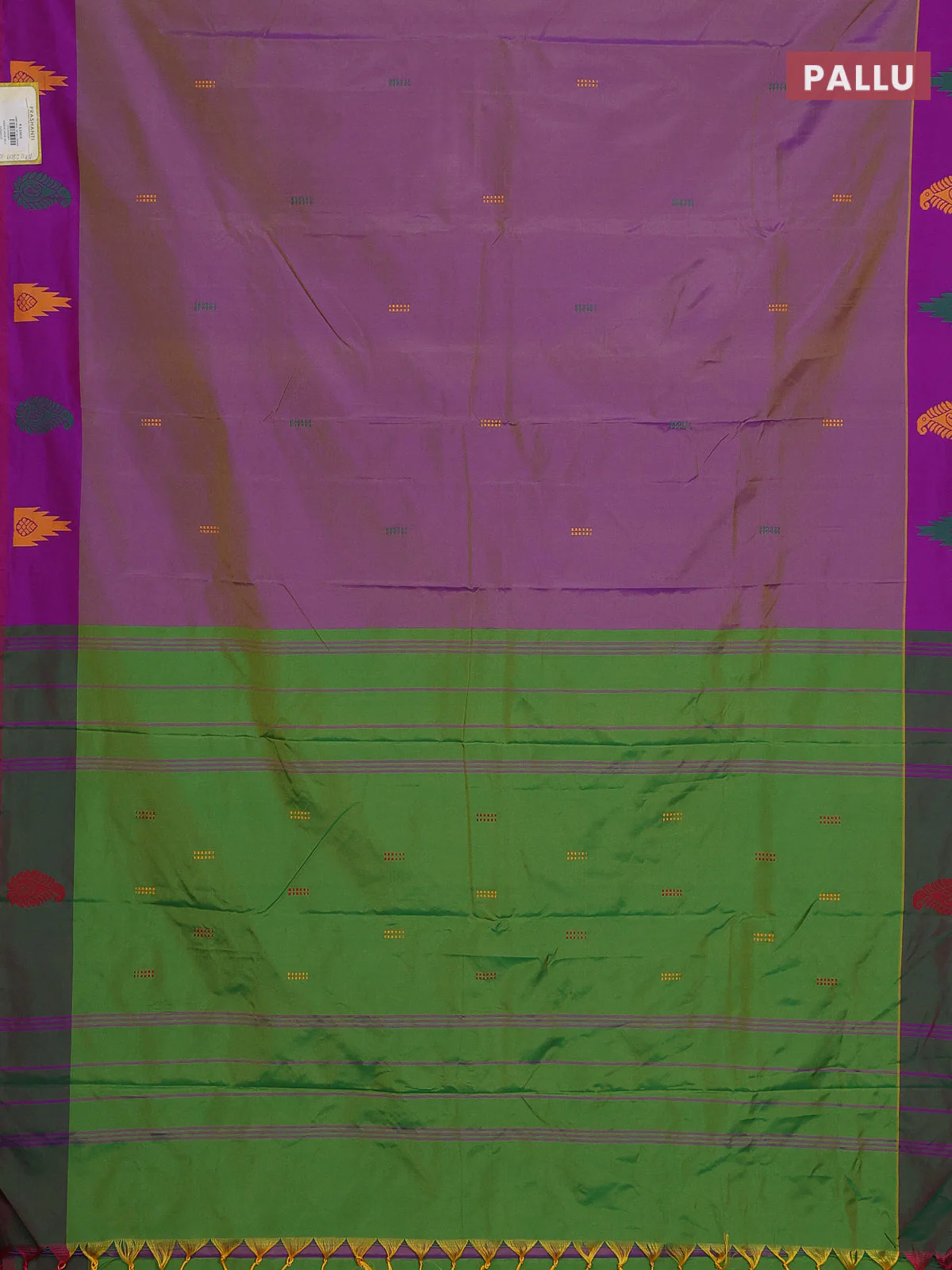 Arani semi silk saree dual shade of mild purple and green with thread woven buttas and thread woven butta border - Image 3
