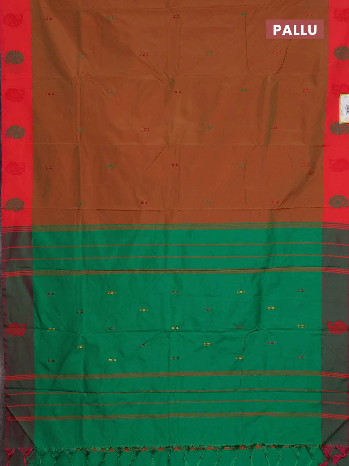 Arani semi silk saree dual shade of mustard and dual shade of green with thread woven buttas and thread woven butta border - Image 3