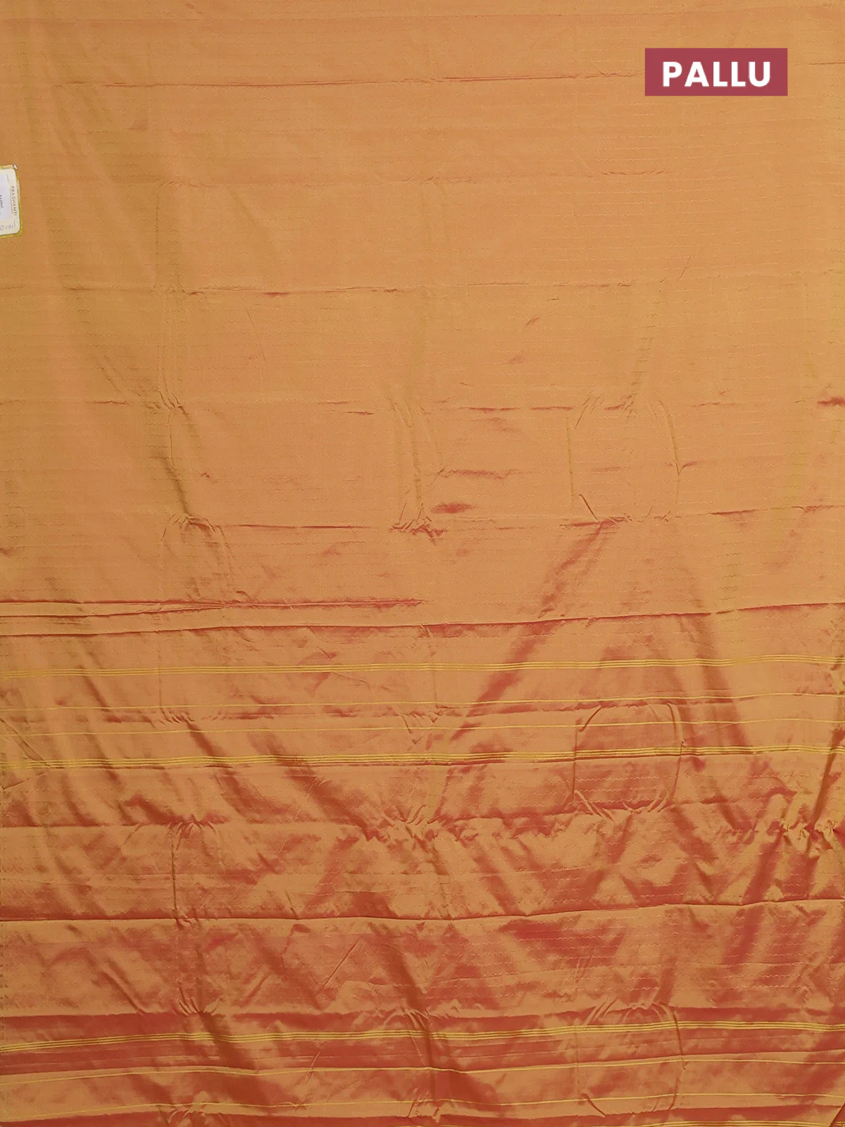 Arani semi silk saree dual shade of mustard with allover copper zari weaves in borderless style - Image 3