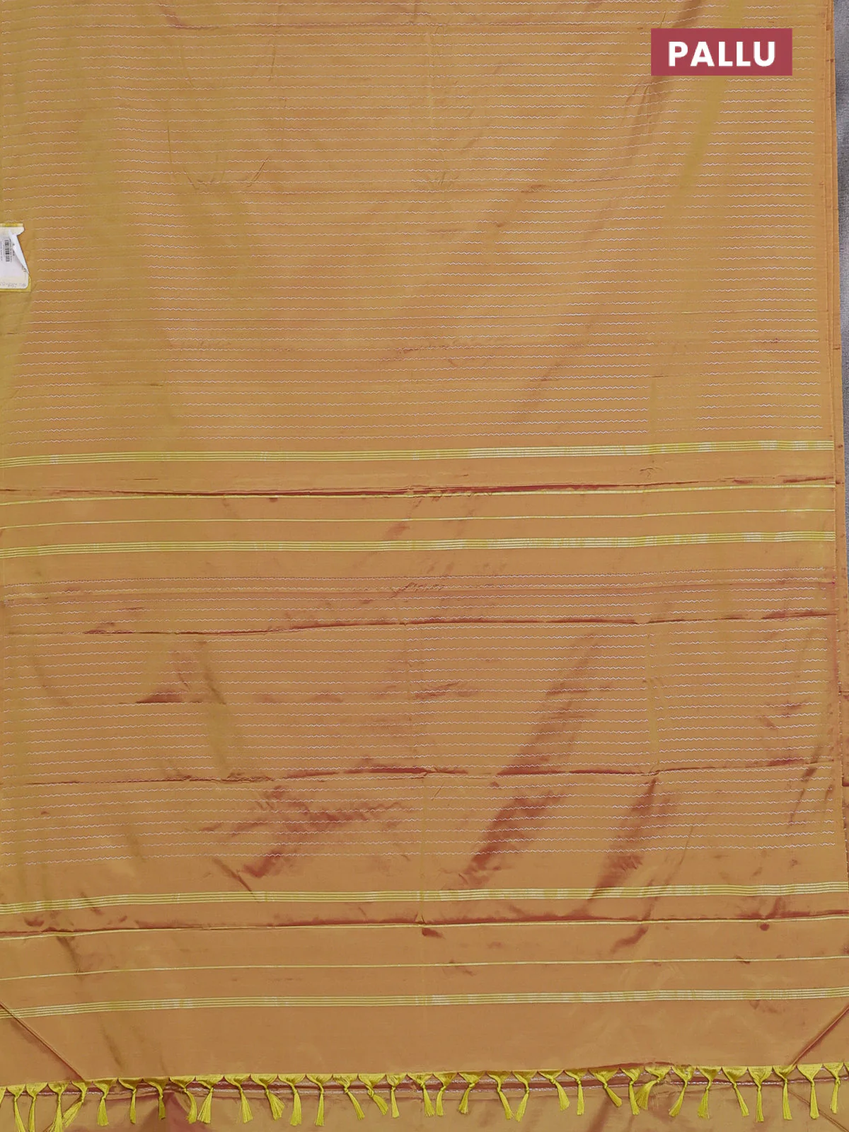 Arani semi silk saree dual shade of mustard with allover silver zari weaves in borderless style - Image 3