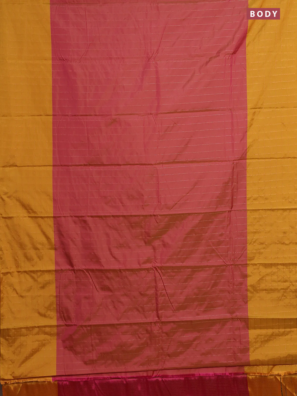 Arani semi silk saree dual shade of pink and dark mustard with allover copper zari weaves and zari checked border - Image 2