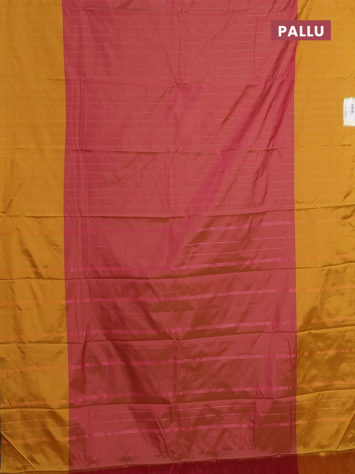 Arani semi silk saree dual shade of pink and dark mustard with allover copper zari weaves and zari checked border - Image 3
