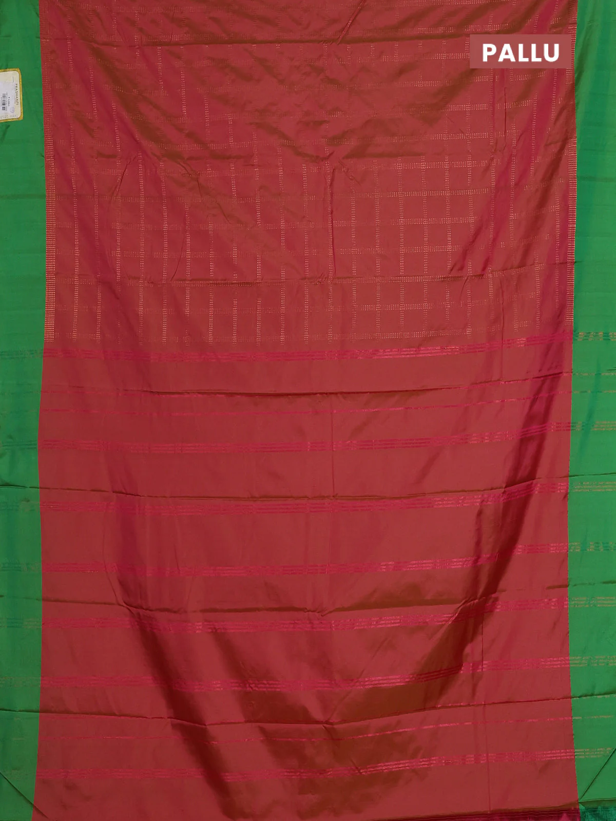 Arani semi silk saree dual shade of pink and green with allover copper zari checked pattern and copper zari woven simple border - Image 3
