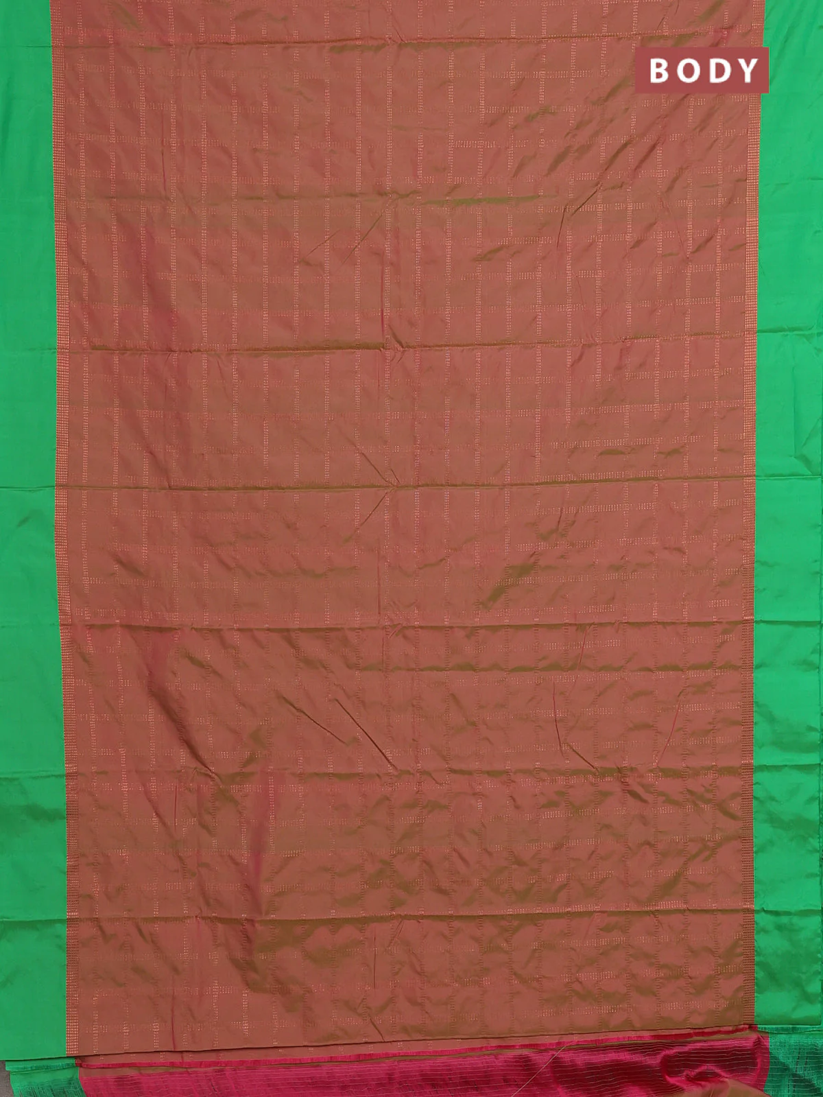 Arani semi silk saree dual shade of pink and green with allover copper zari checked pattern and copper zari woven simple border - Image 2