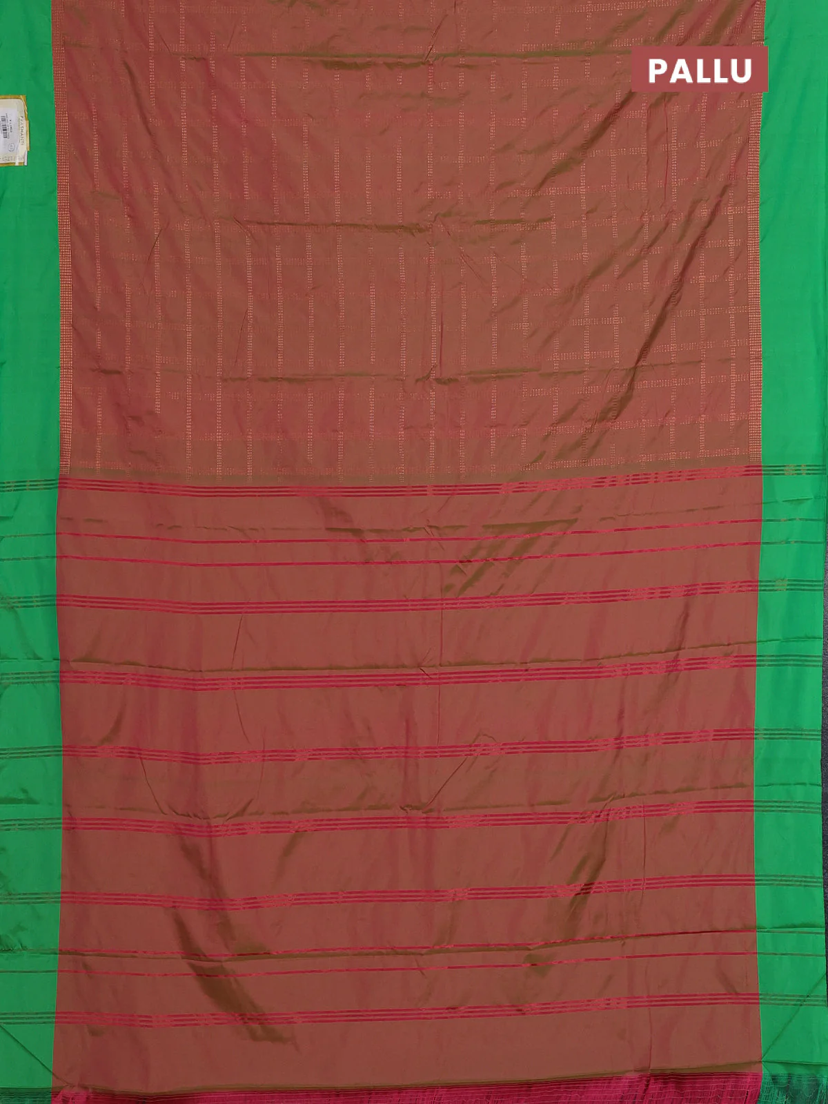 Arani semi silk saree dual shade of pink and green with allover copper zari checked pattern and copper zari woven simple border - Image 3