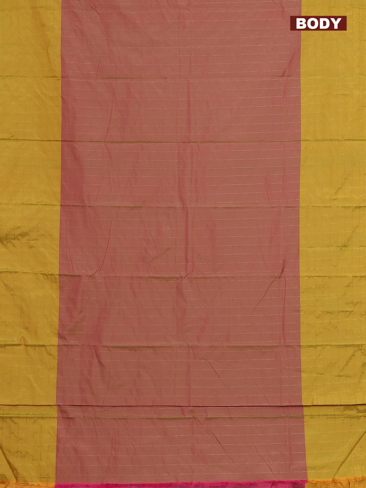 Arani semi silk saree dual shade of pinkish green and lime yellow with allover copper zari weaves and zari checked border - Image 2