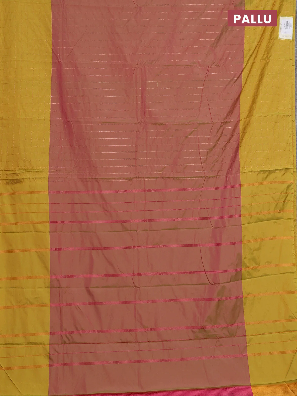 Arani semi silk saree dual shade of pinkish green and lime yellow with allover copper zari weaves and zari checked border - Image 3