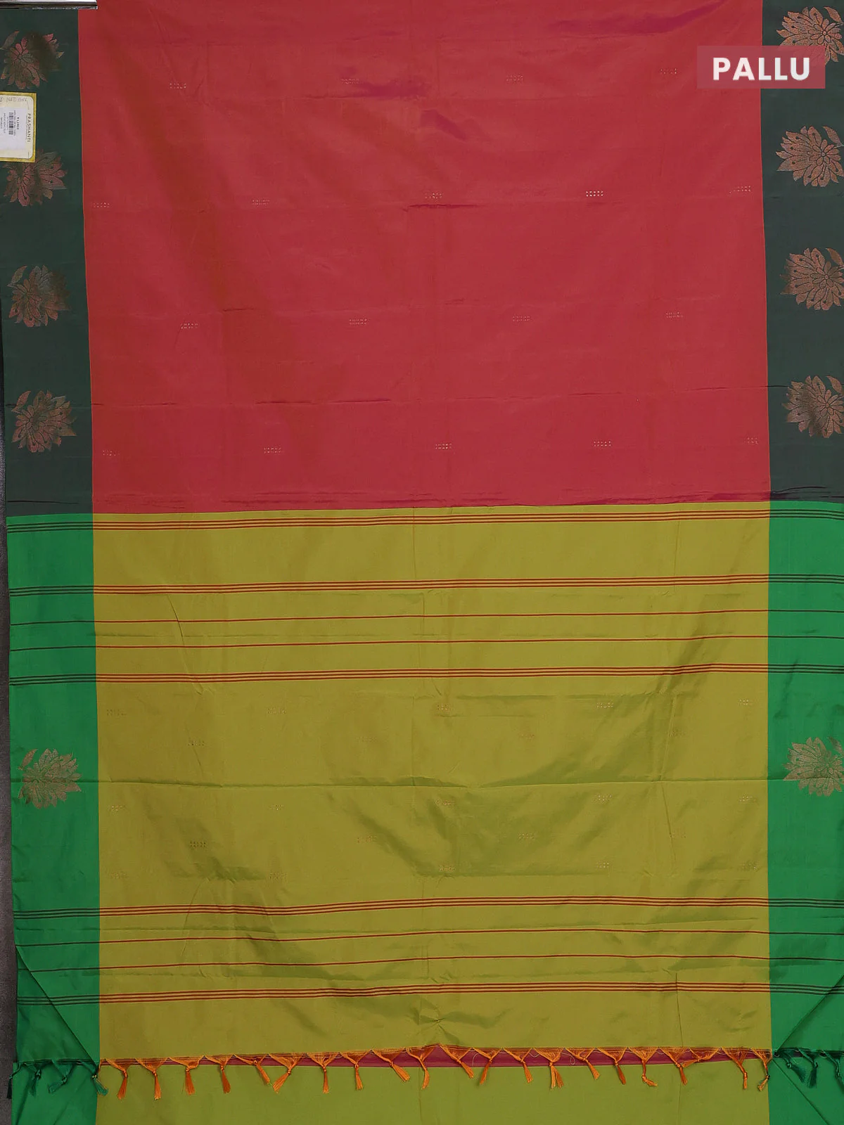 Arani semi silk saree dual shade of pinkish mustard and green with zari woven buttas and zari woven butta border - Image 3