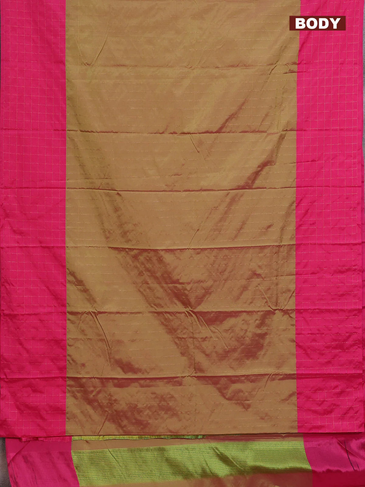 Arani semi silk saree dual shade of sap green and pink with allover copper zari weaves and zari checked border - Image 2