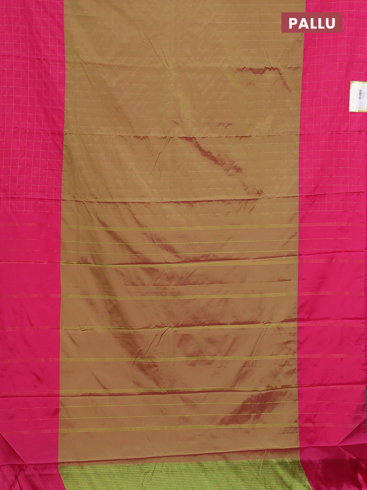 Arani semi silk saree dual shade of sap green and pink with allover copper zari weaves and zari checked border - Image 3