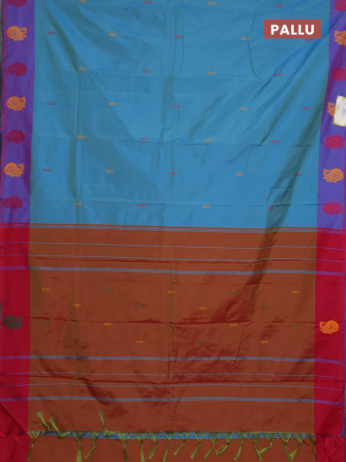 Arani semi silk saree dual shade of teal blue and pink with thread woven buttas and thread woven butta border - Image 3