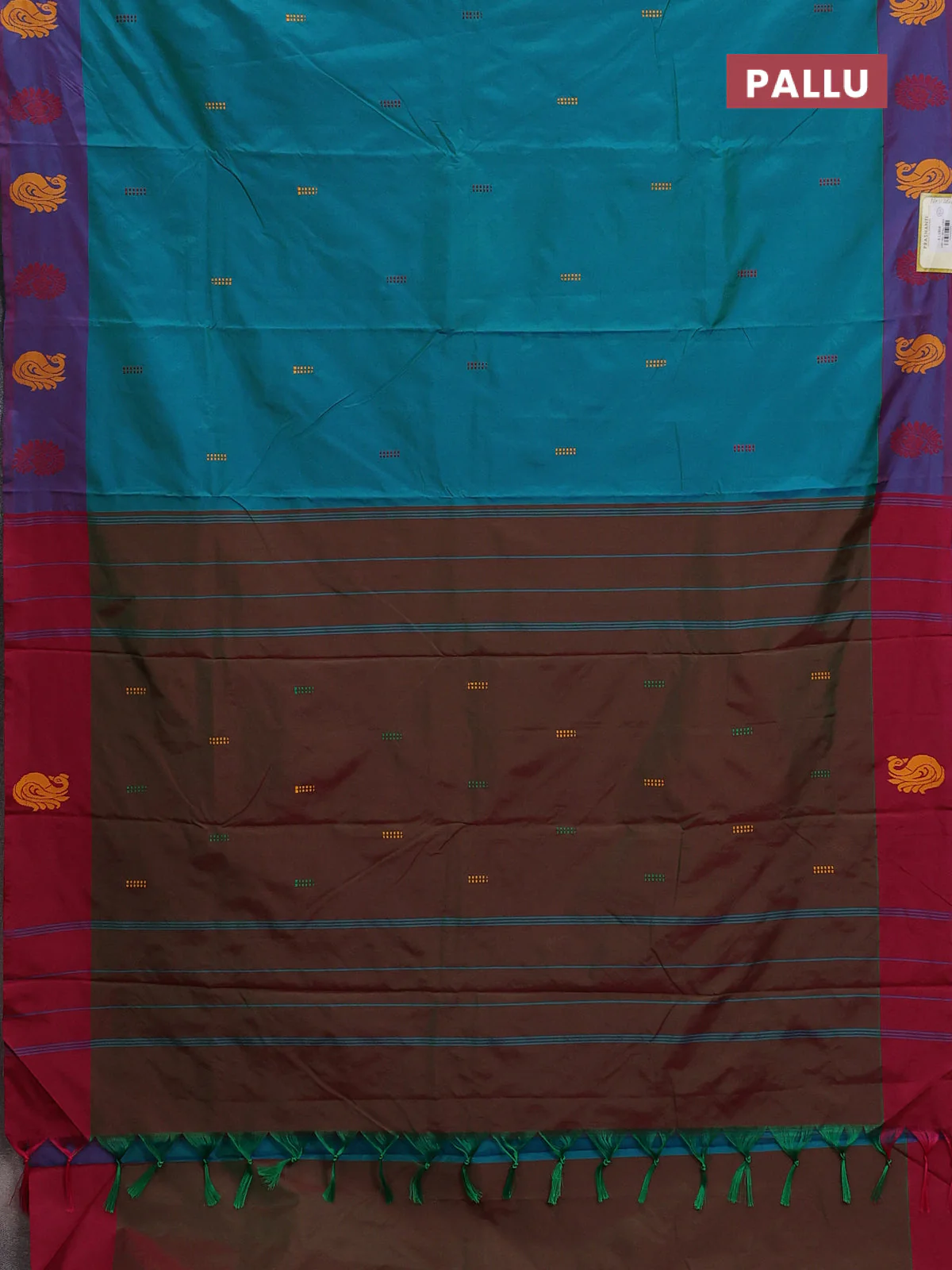 Arani semi silk saree dual shade of teal green and maroon with thread woven buttas and thread woven butta border - Image 3