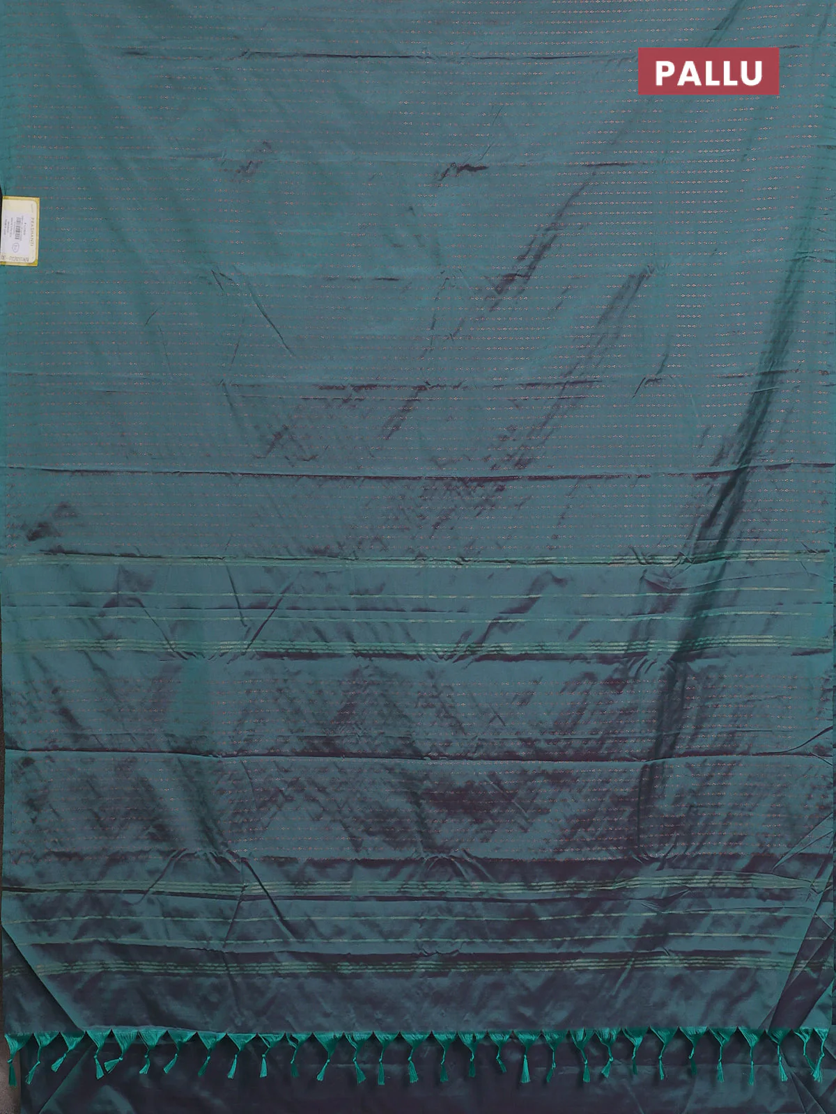 Arani semi silk saree dual shade of teal green with allover copper zari weaves in borderless style - Image 3