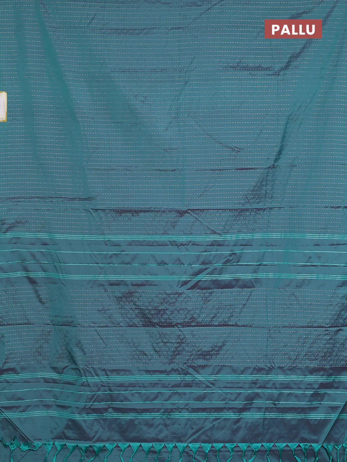 Arani semi silk saree dual shade of teal green with allover silver zari weaves in borderless style - Image 3