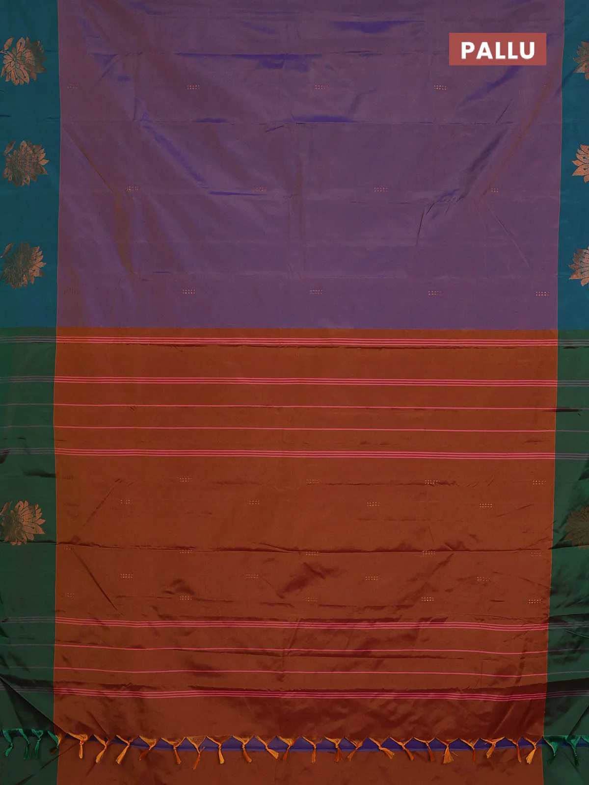 Arani semi silk saree dual shade of violet and dual shade of green with copper zari woven buttas and copper zari woven butta border - Image 3