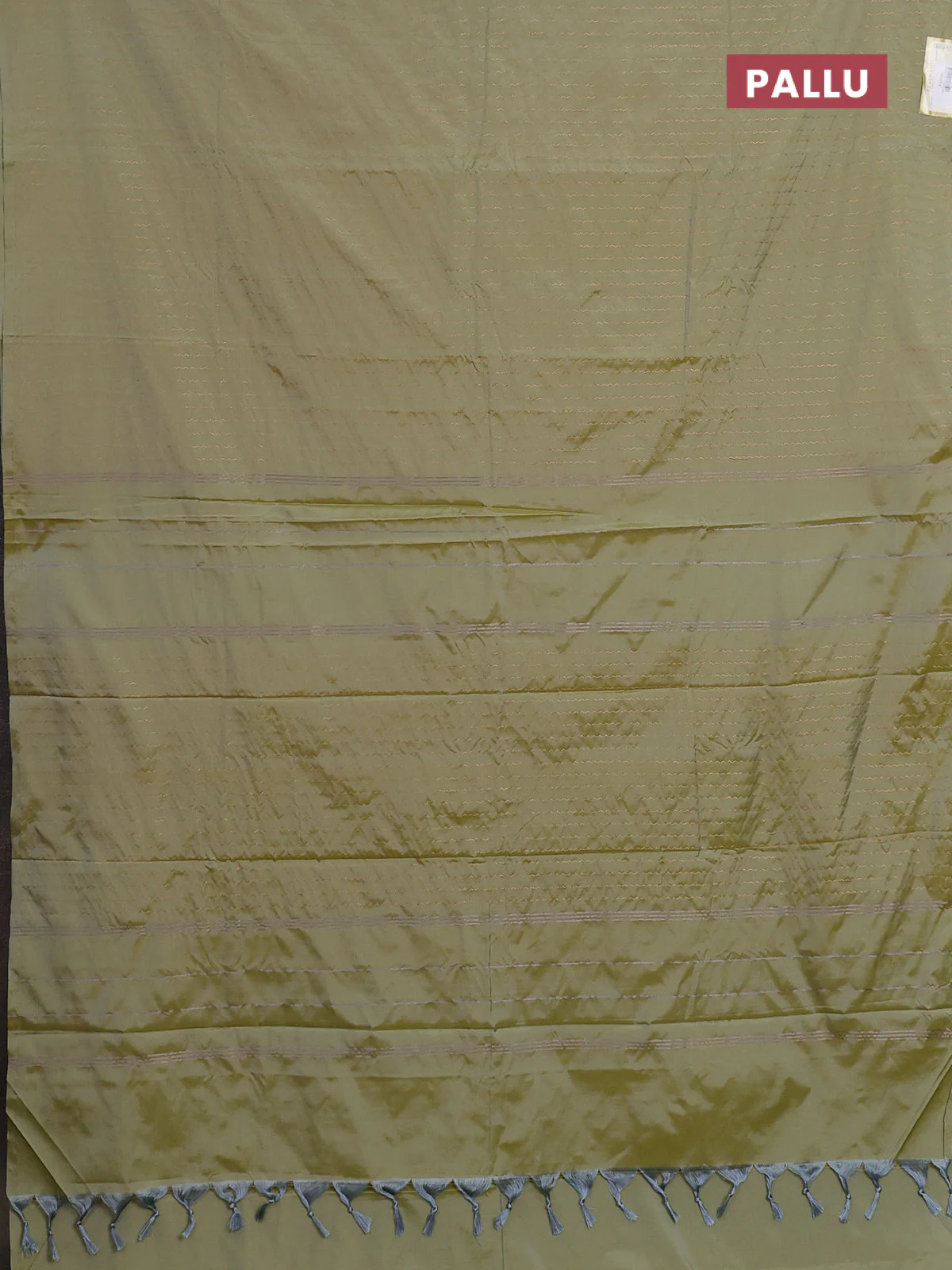 Arani semi silk saree elaichi green with allover copper zari weaves in borderless style - Image 3